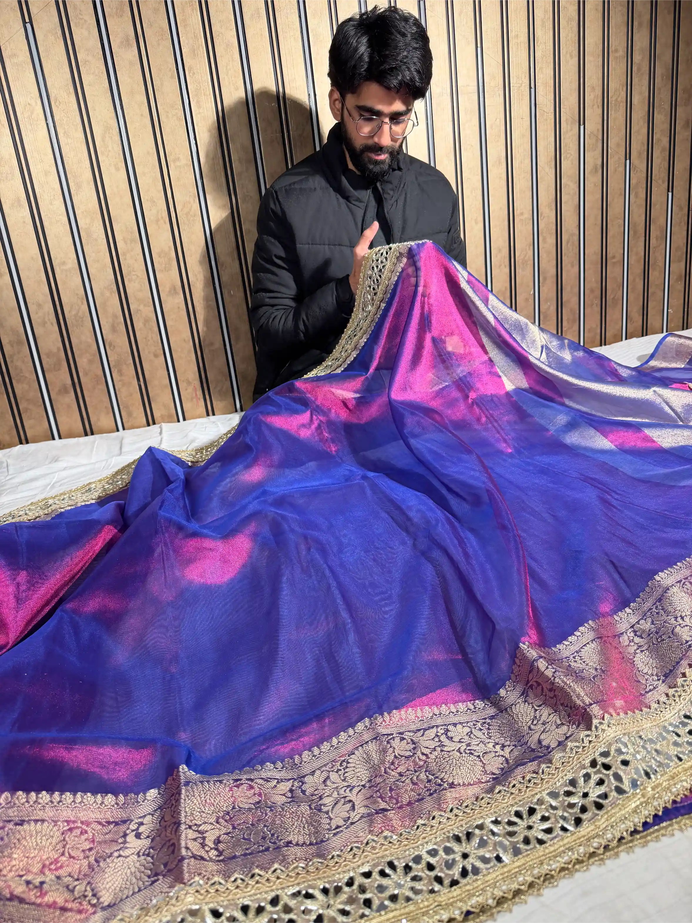 Rare Baigani Tissue Silk Mirror Work Banarasi Saree - Image 3