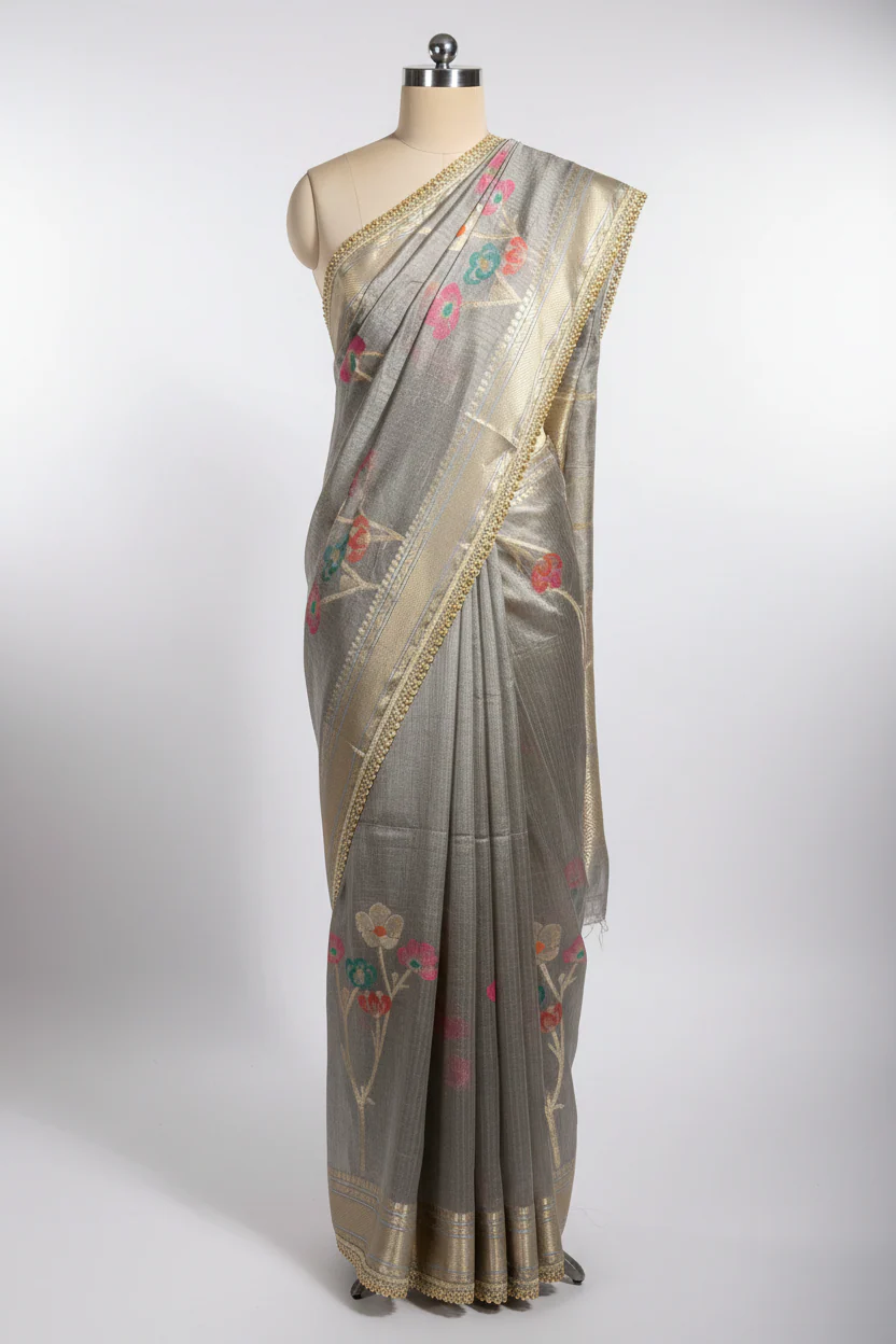 Rare Beige Dupion Silk Premium Designer Saree - Image 2