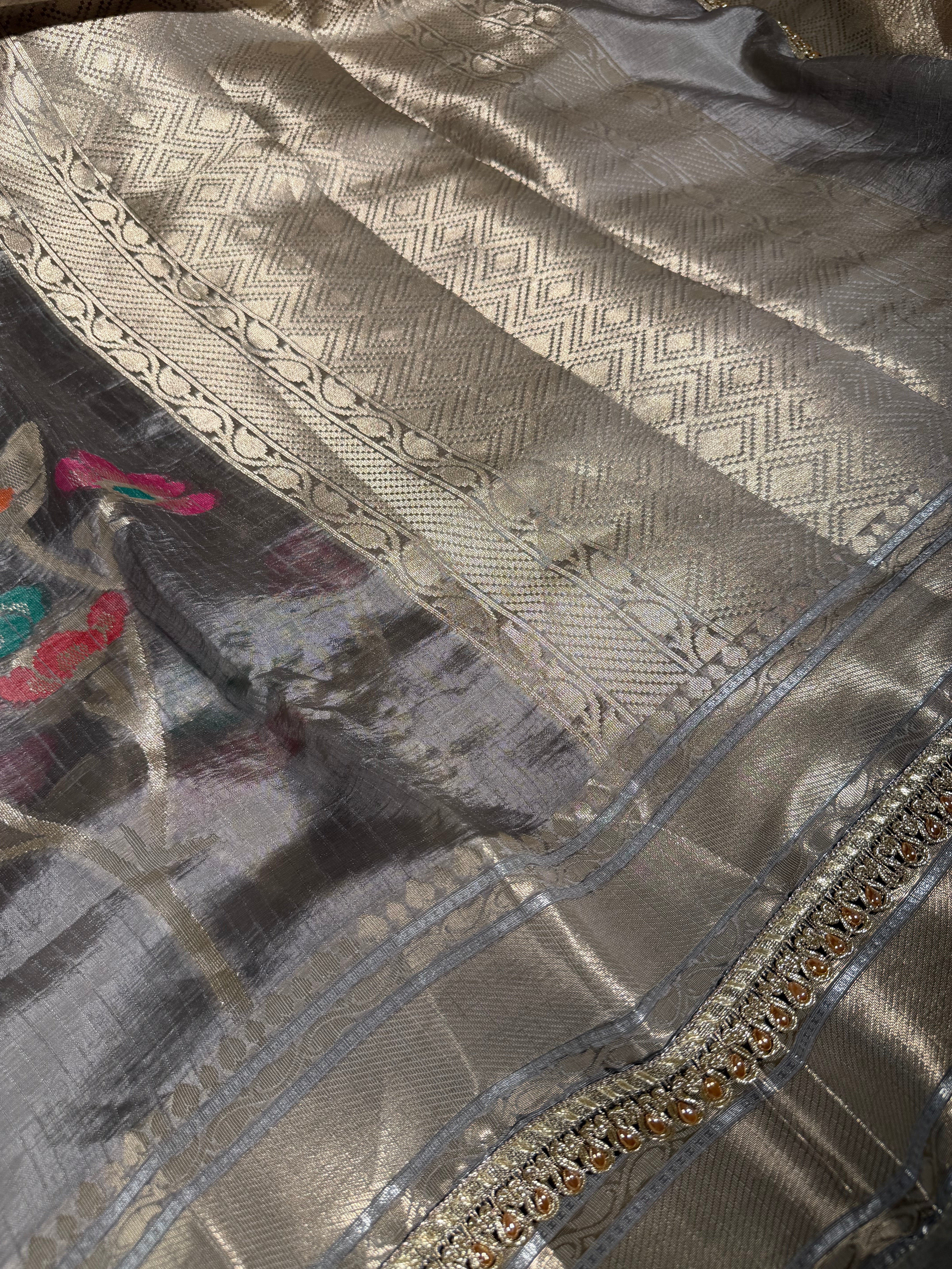 Rare Beige Dupion Silk Premium Designer Saree - Image 3