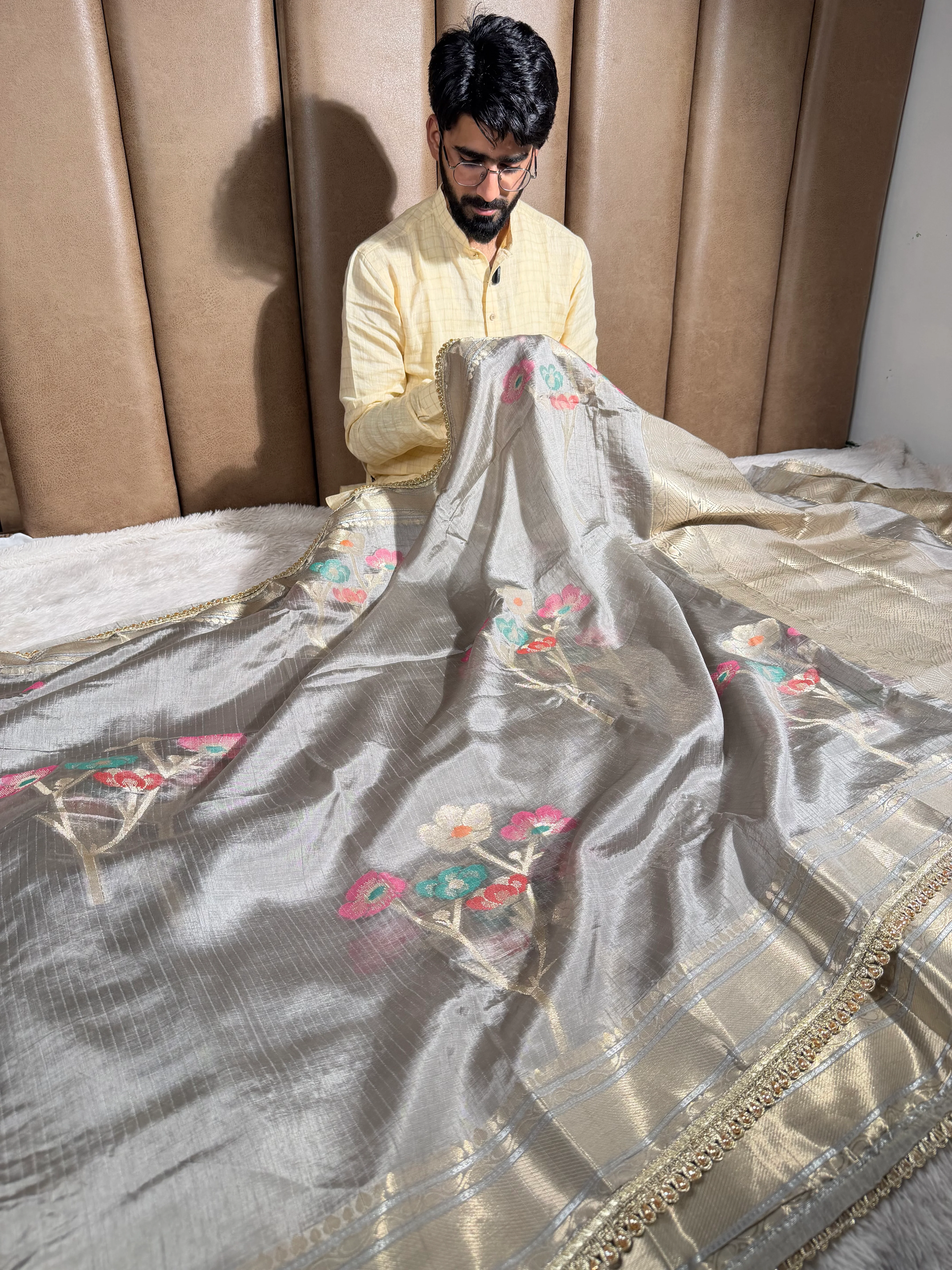Rare Beige Dupion Silk Premium Designer Saree - Image 4