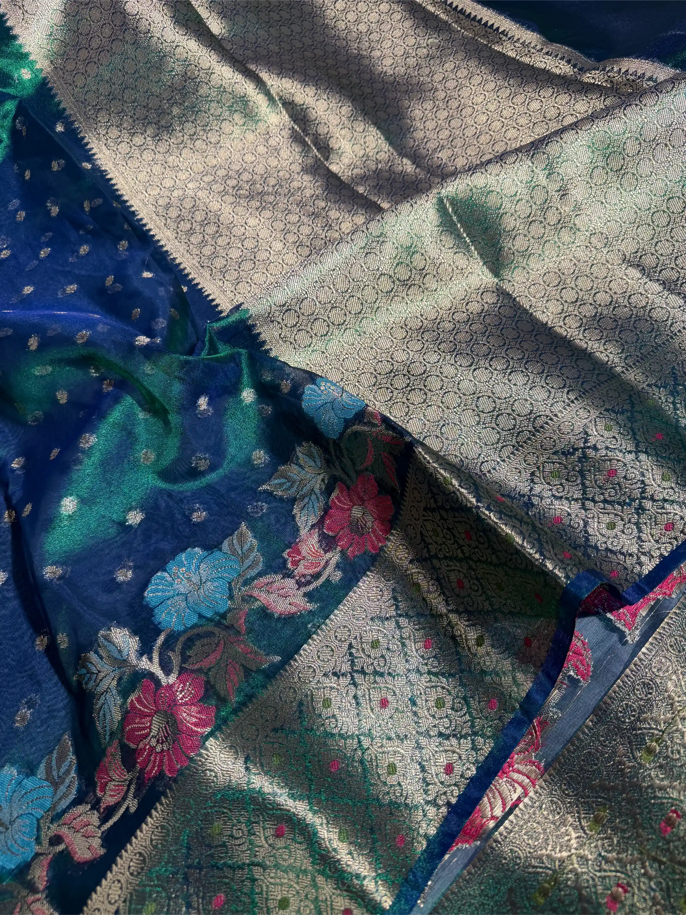 Rare Peacock Shade Tissue Silk Meenakari Banarasi Saree - Image 2