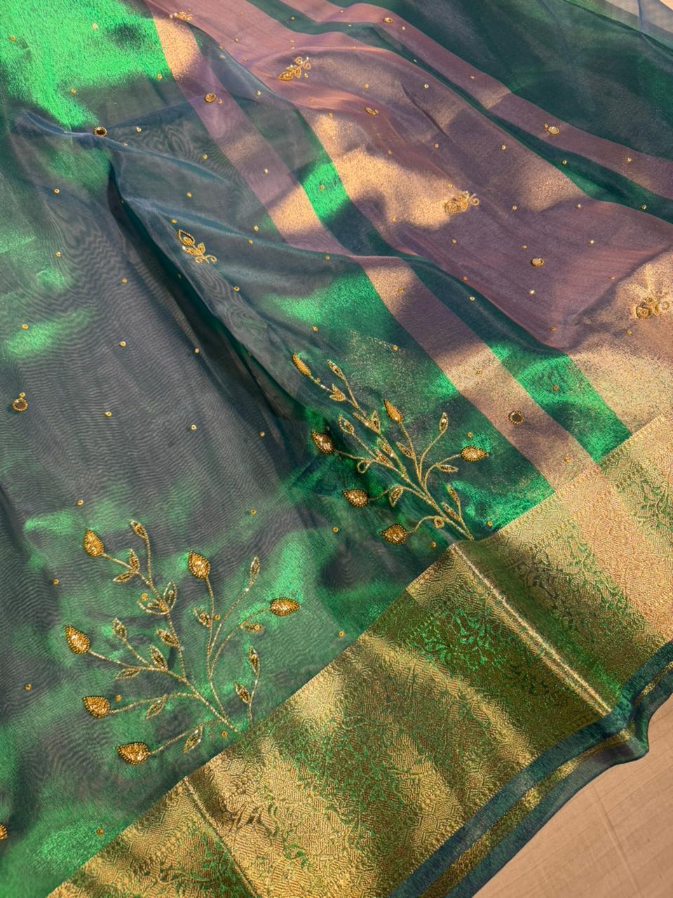 Rare Peacock Tissue Silk Handwork Banarasi Saree - Image 2