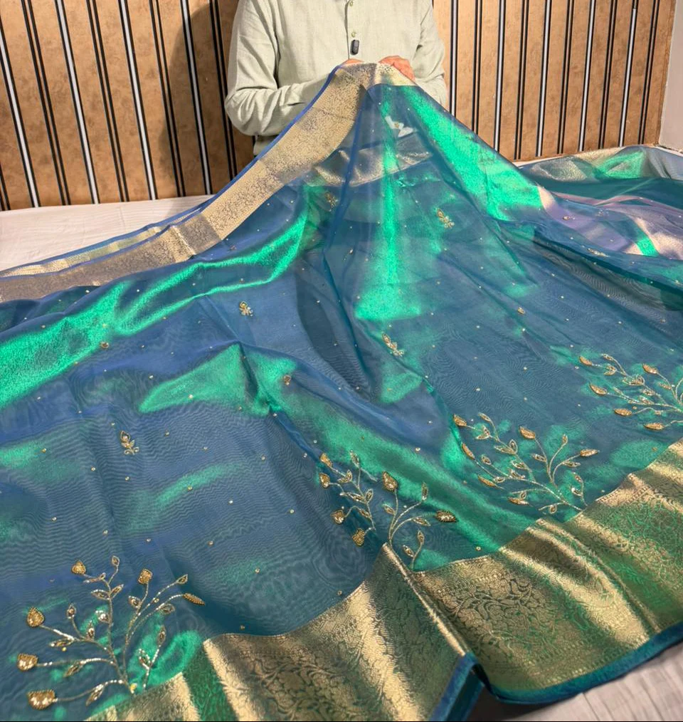 Rare Peacock Tissue Silk Handwork Banarasi Saree - Image 3