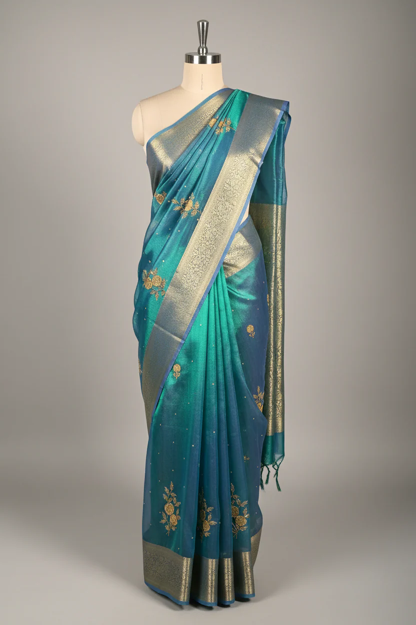 Rare Peacock Tissue Silk Handwork Banarasi Saree - Image 4