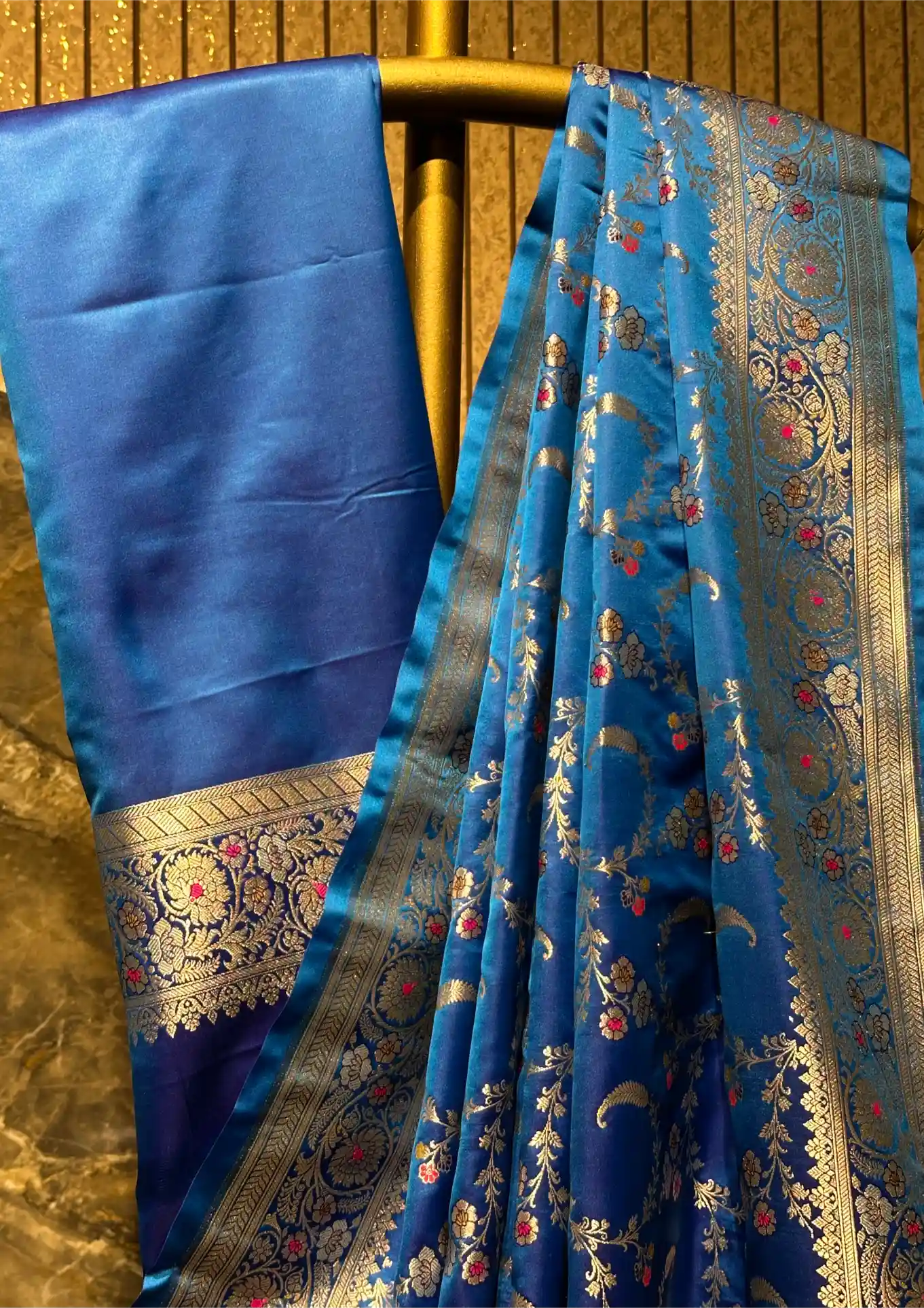 Ready To Wear Firozi Blue Mashru Silk Meenakari Saree - Image 2