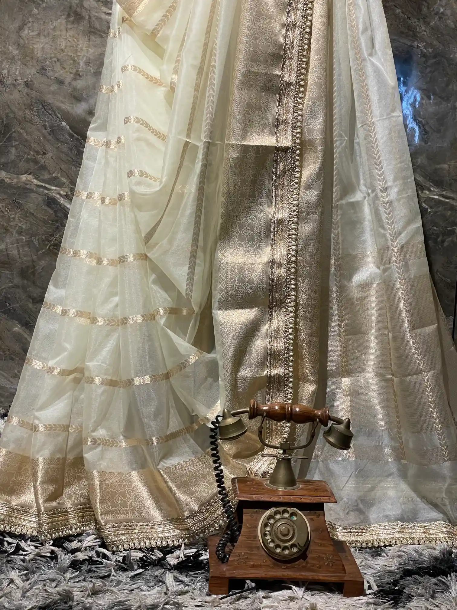 Ready To Wear Ivory Kora Banarasi with Premium Lace Work - Image 4