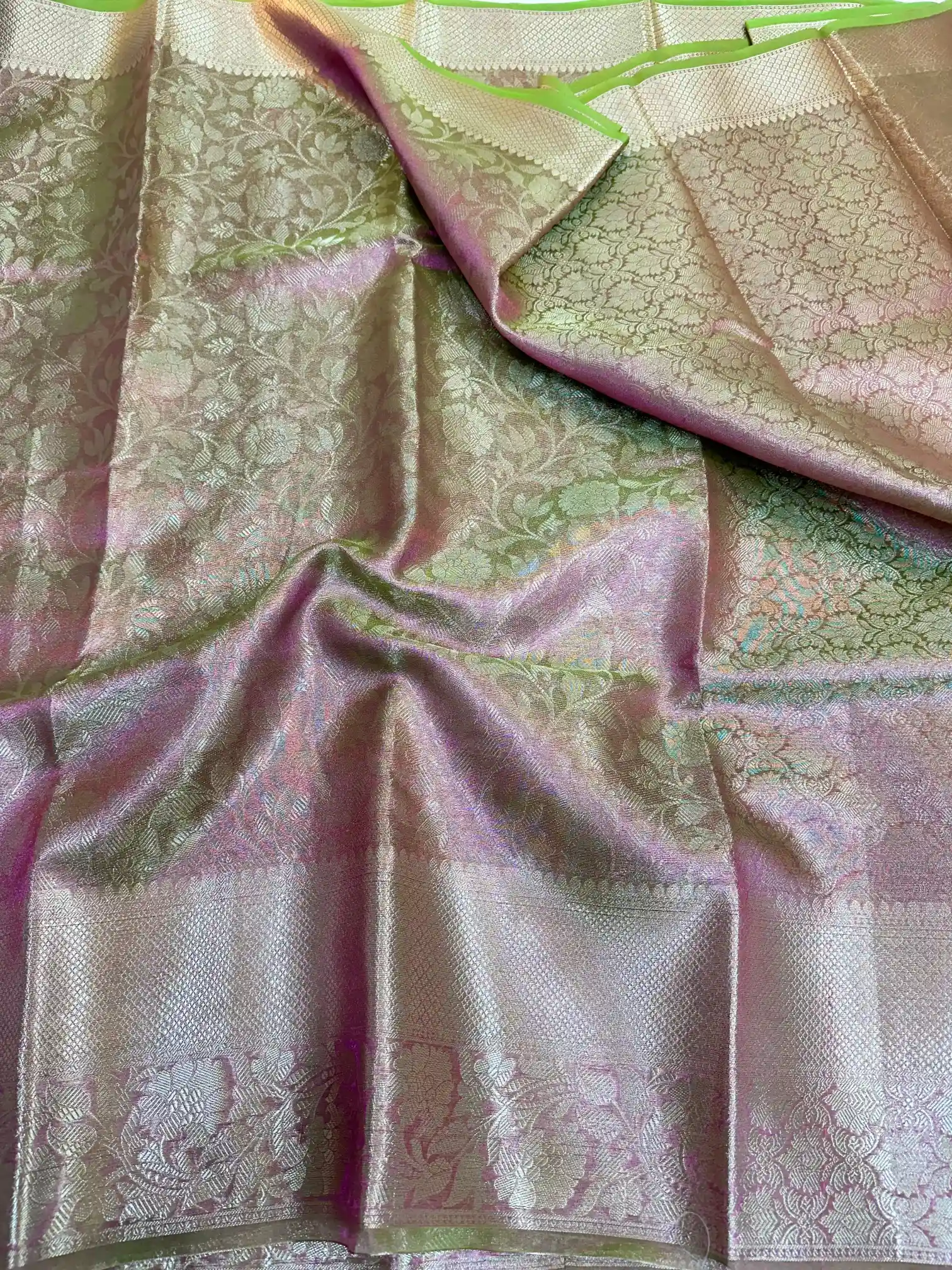 Ready To Wear Neon Green Glass Tissue Saree - Image 2