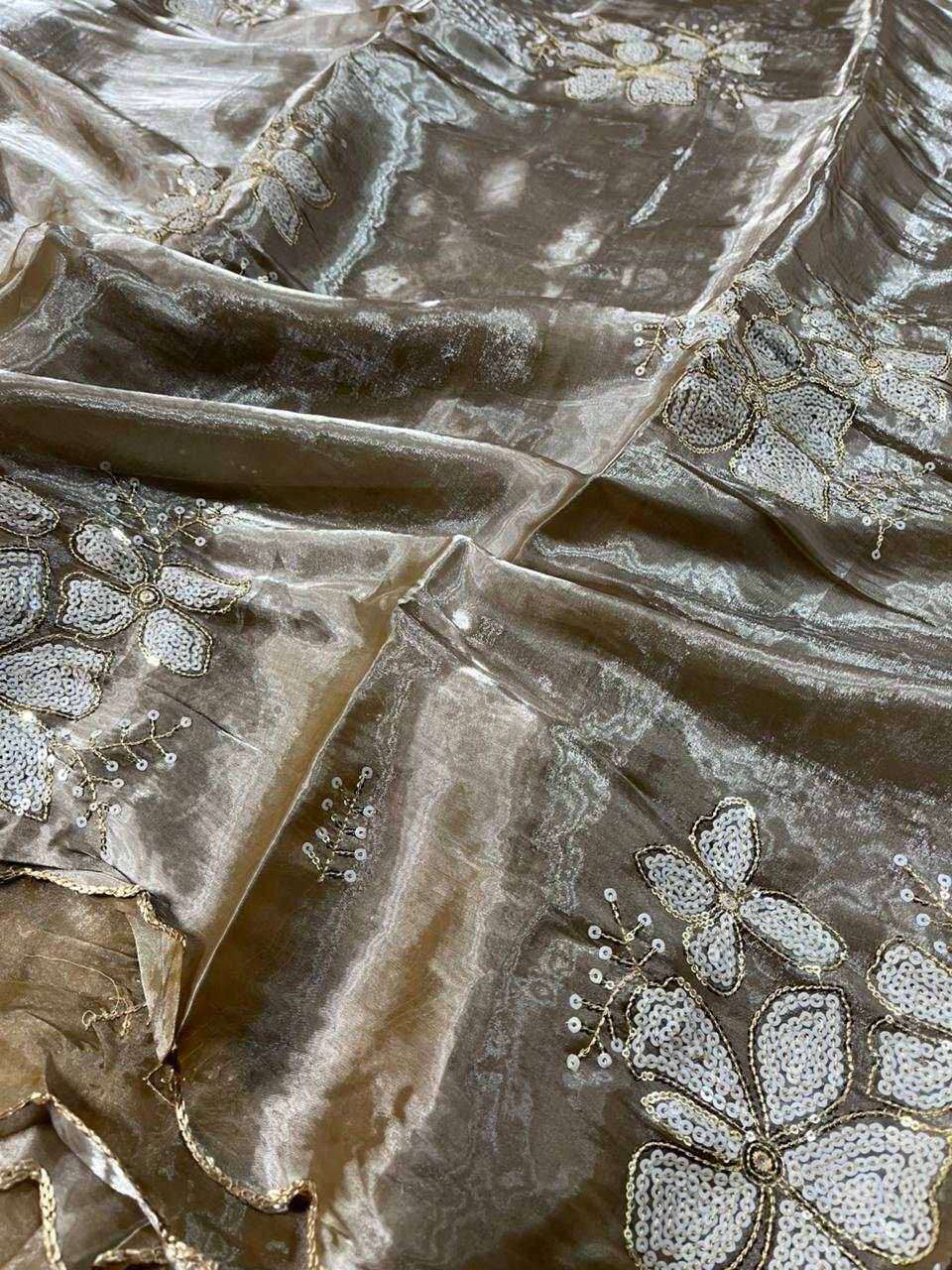 Real Chiku Shade Shimmery Tissue Silk Saree - Image 3