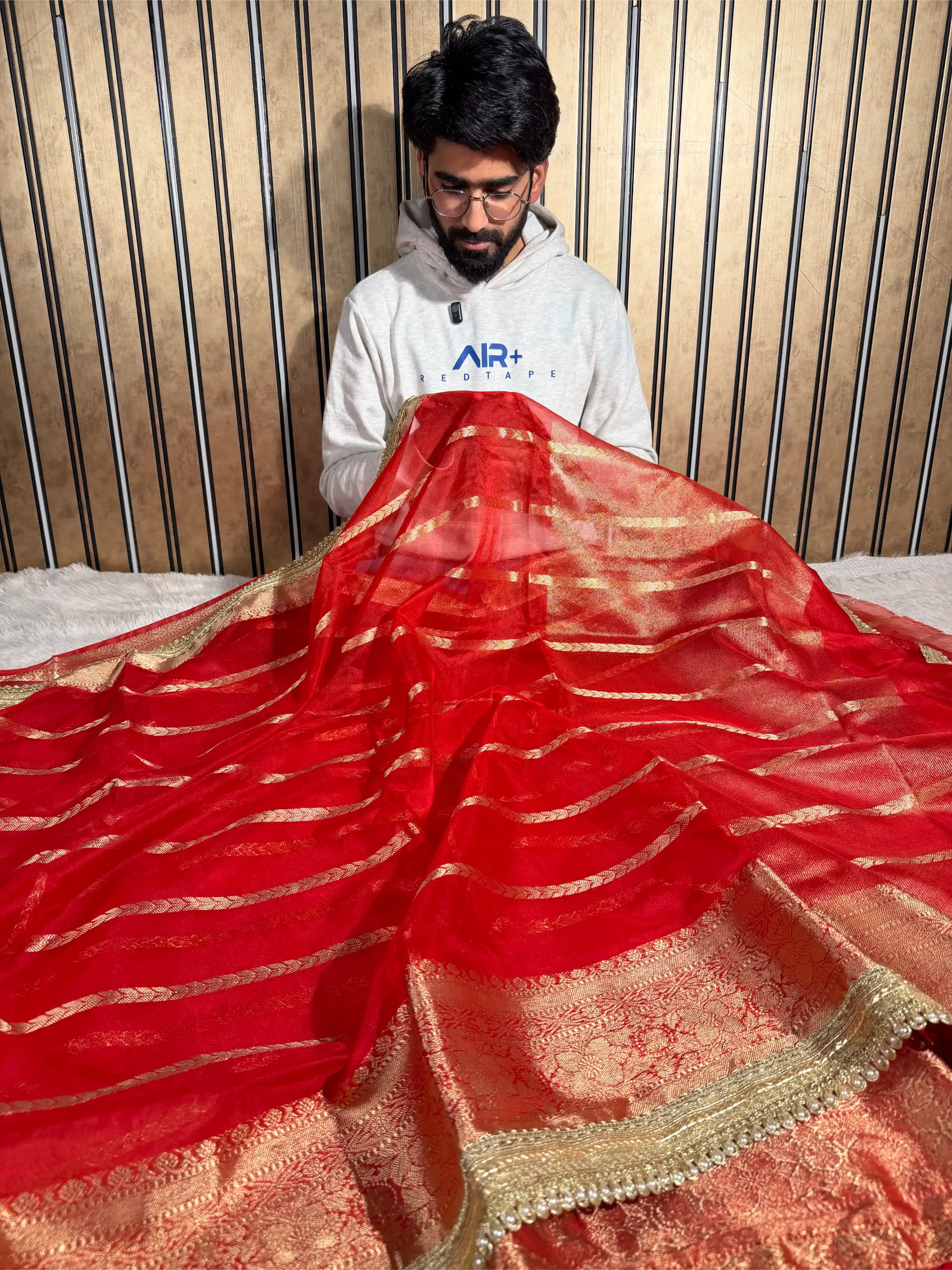 Bridal Red Kora Organza Silk Heavy Lace Work Banarasi Saree