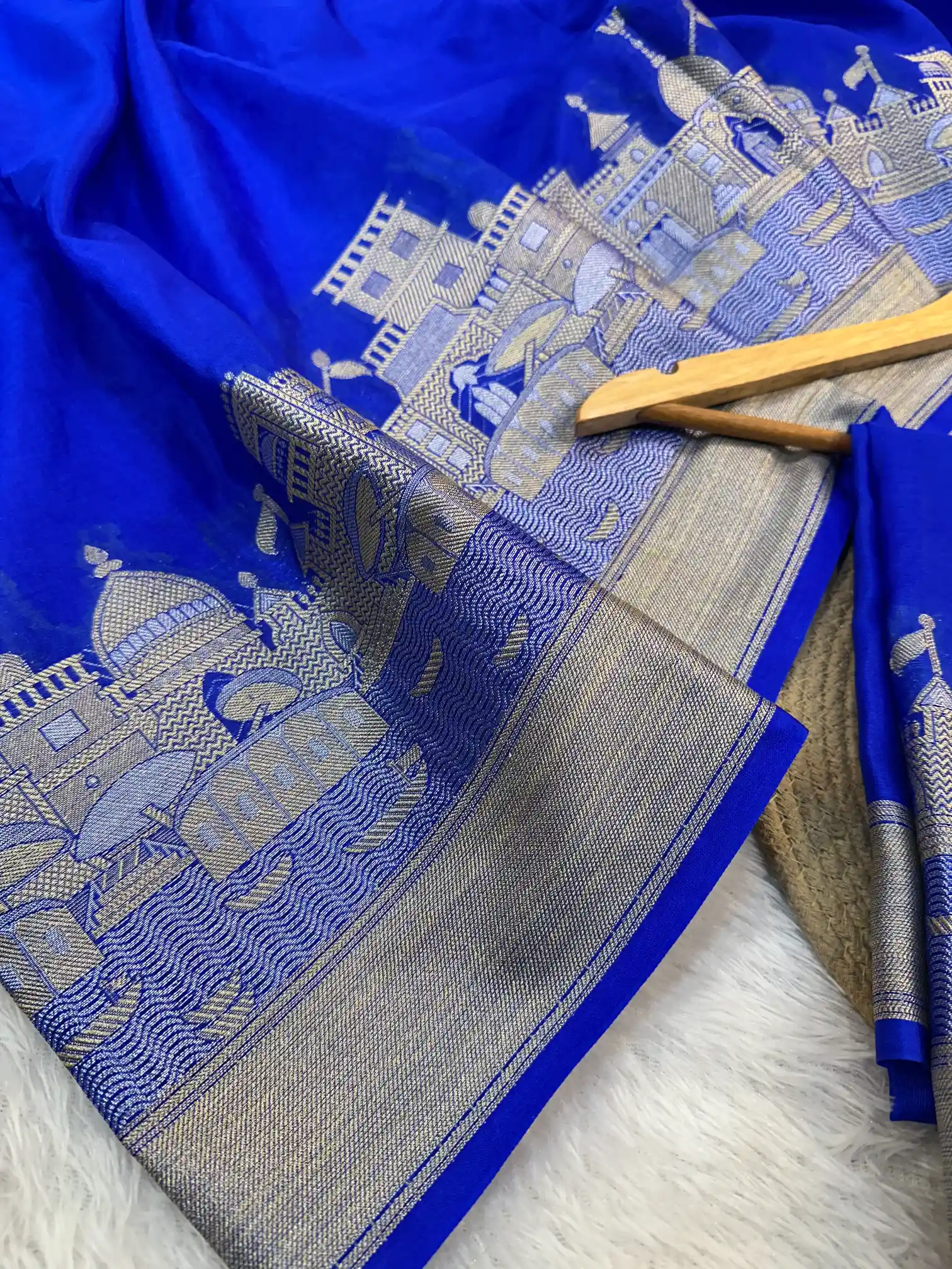 Royal Blue Georgette Silk Ghat Pattern Banarasi Saree - Image 2