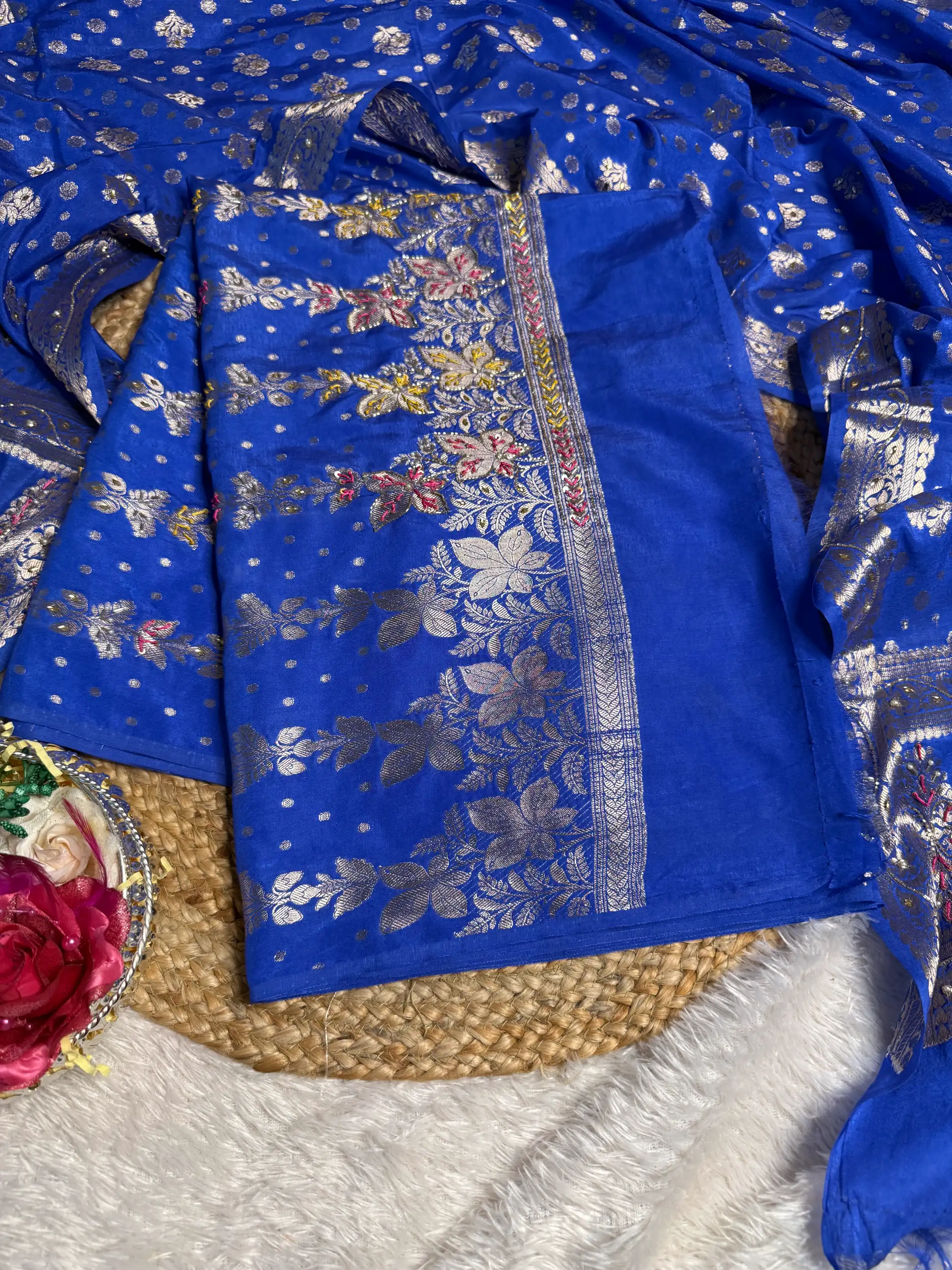Royal Blue Jacquard Weave Premium Handwork Banarasi Suit - Image 3