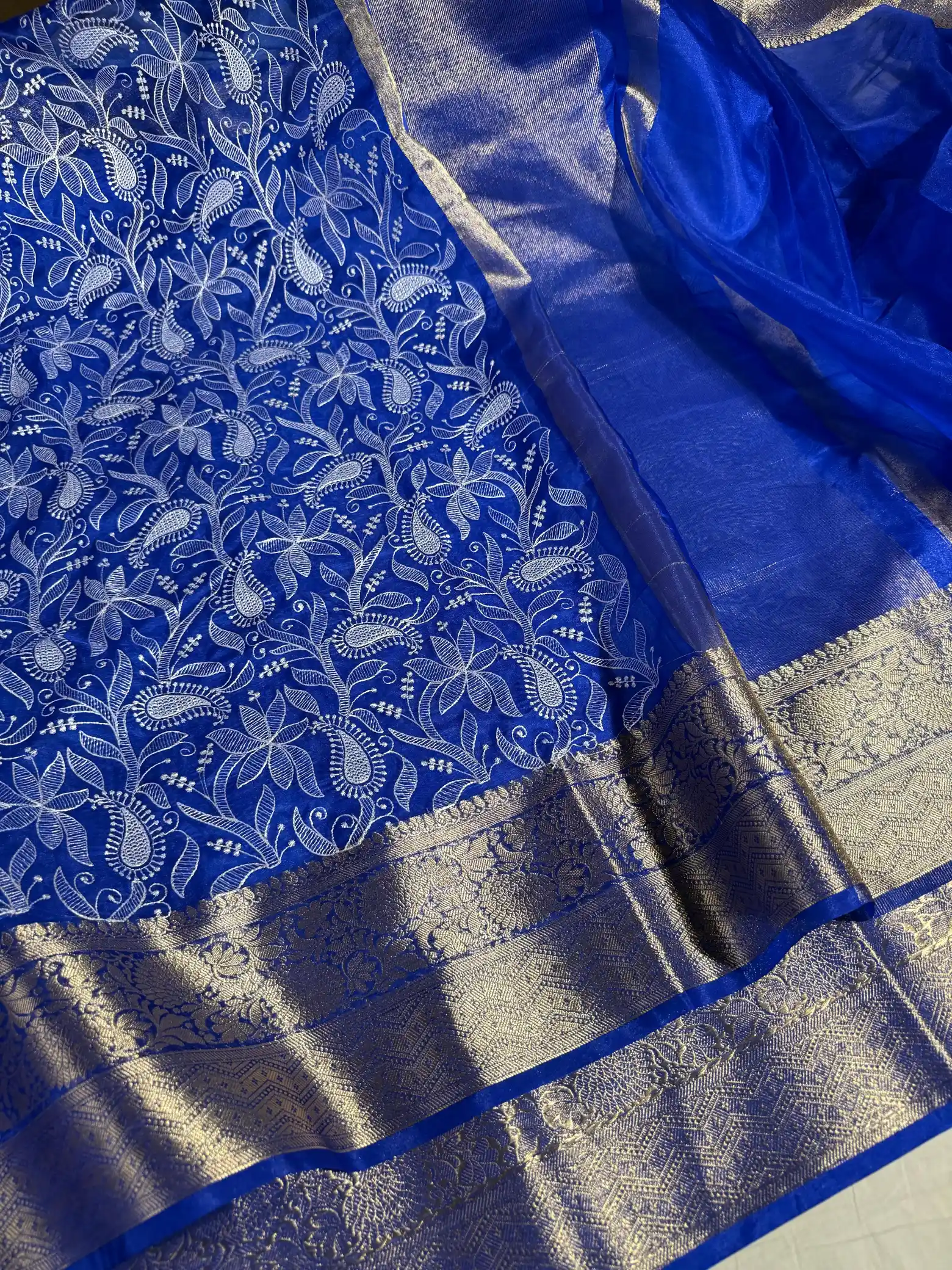 Royal Blue Organza Silk Banarasi Chikankari Saree - Image 2