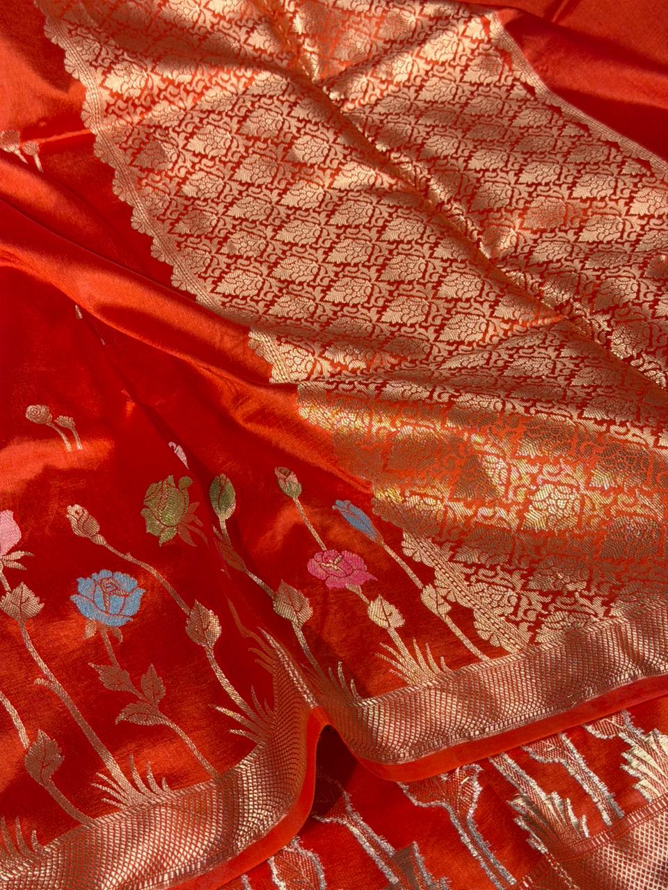 Rust Orange Floral Border Chinia Silk Banarasi Saree - Image 2