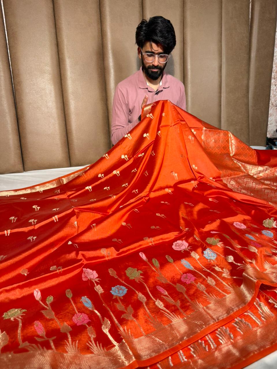 Rust Orange Floral Border Chinia Silk Banarasi Saree - Image 3