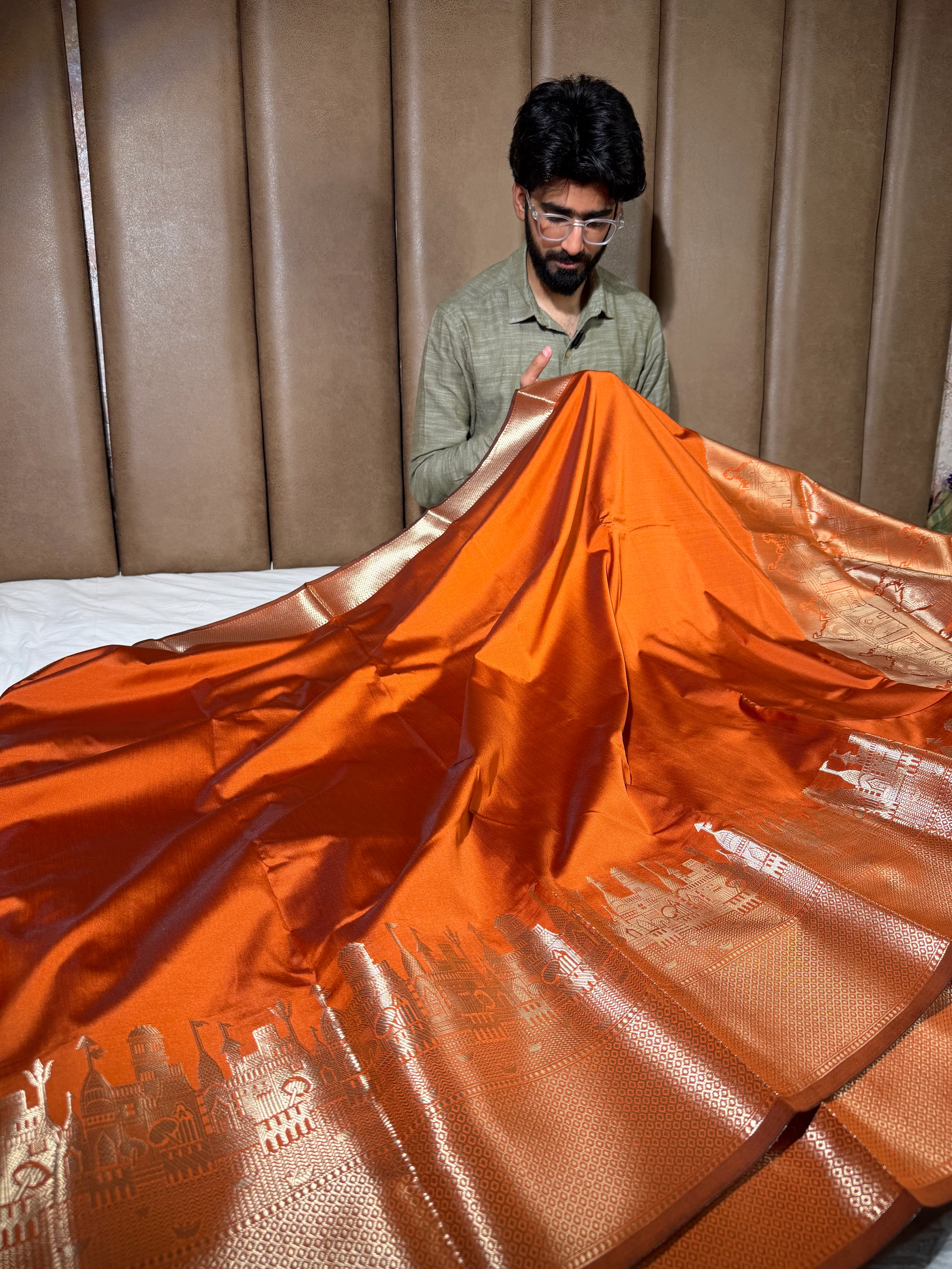 Rusted Orange Ghats Border Softsilk Banarasi Saree - Image 3