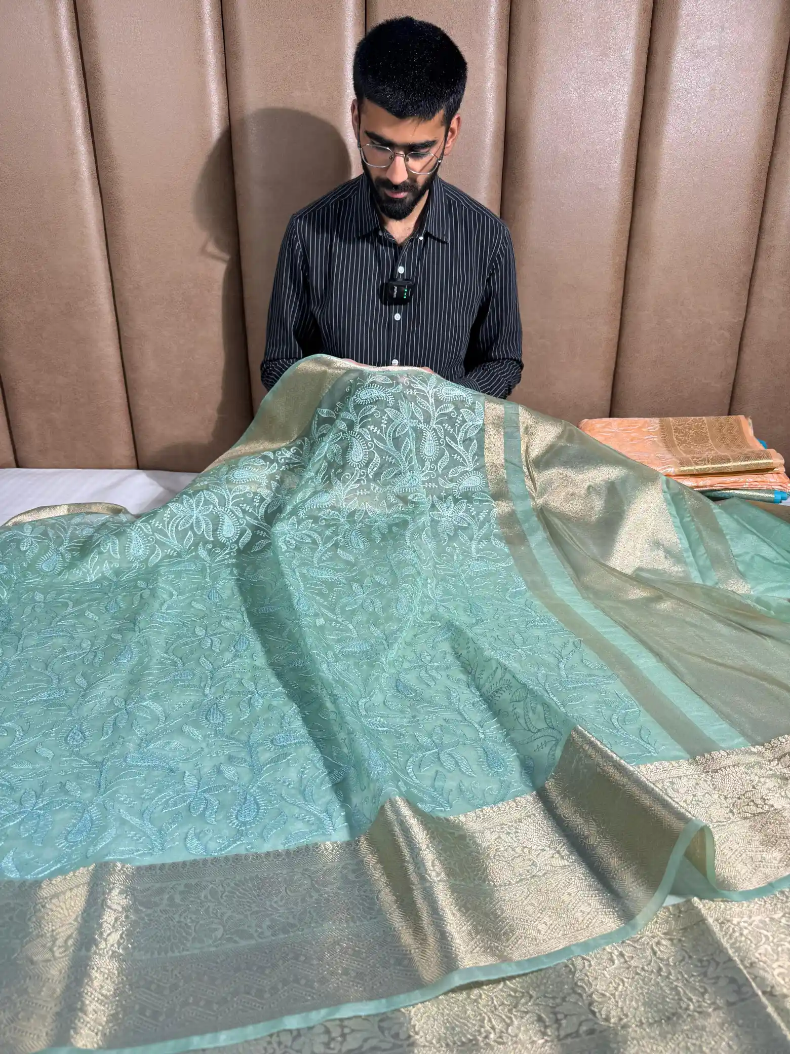 Sea Green Organza Silk Banarasi Chikankari Saree