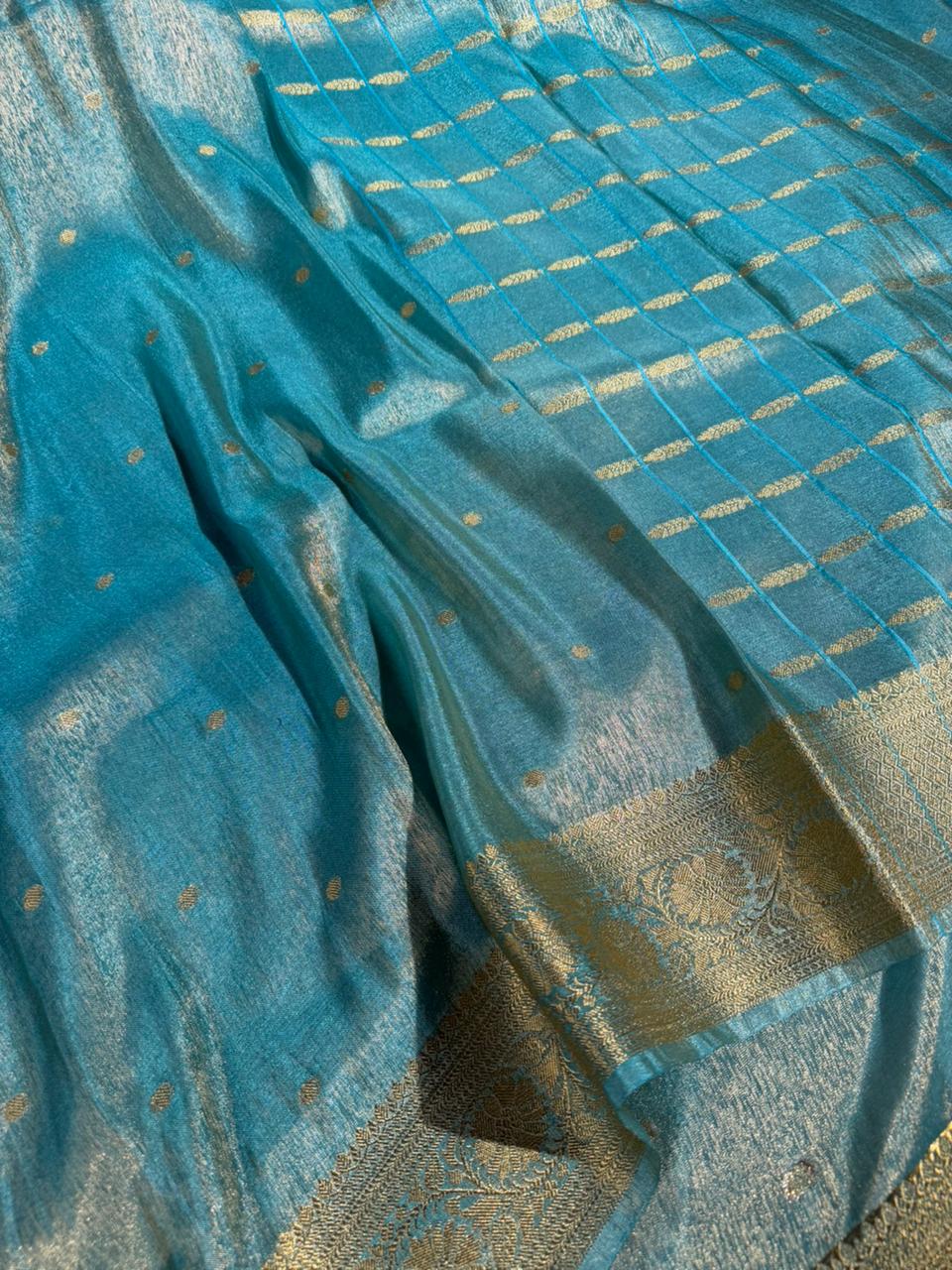 Sea Blue Breathable Tissue Silk Traditional Weave Banarasi Saree - Image 3