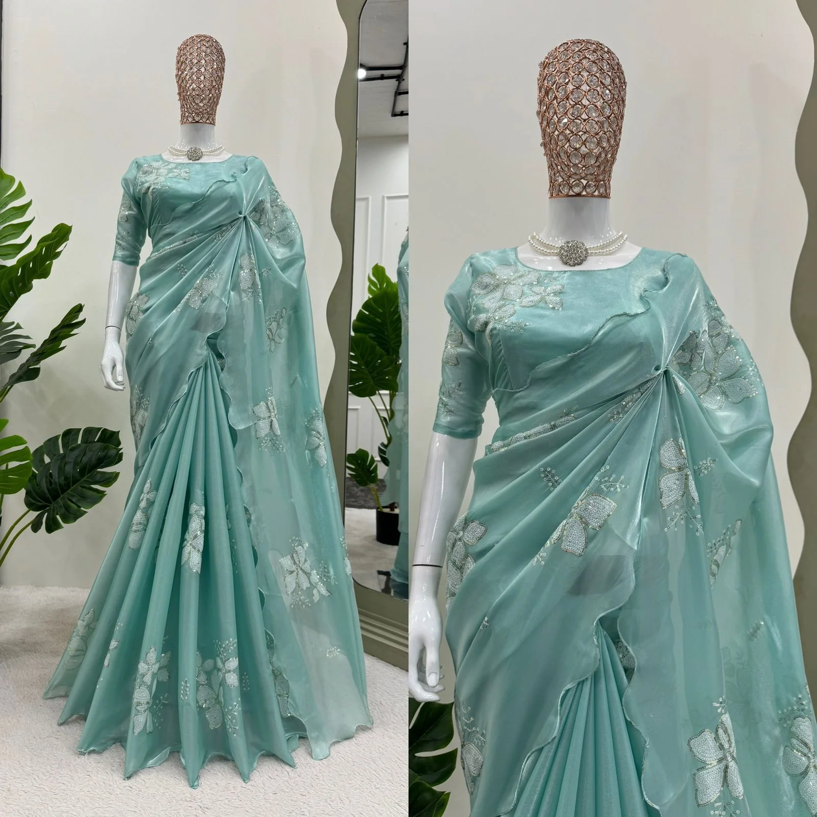 Sea Blue Shade Shimmery Tissue Silk Saree - Image 3