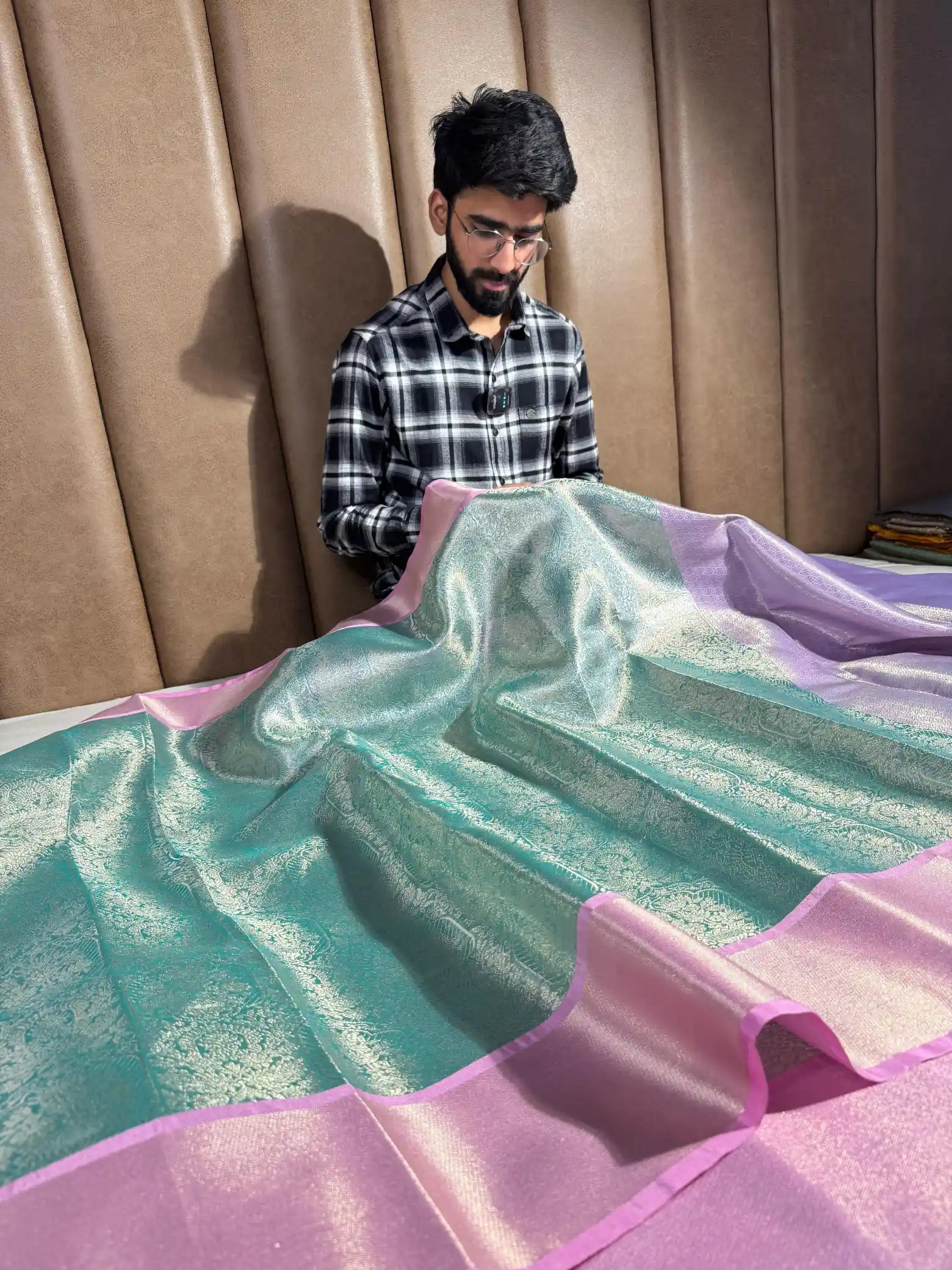 Sea Blue Soft Tissue Silk Kanjeevaram Banarasi Saree - Image 3