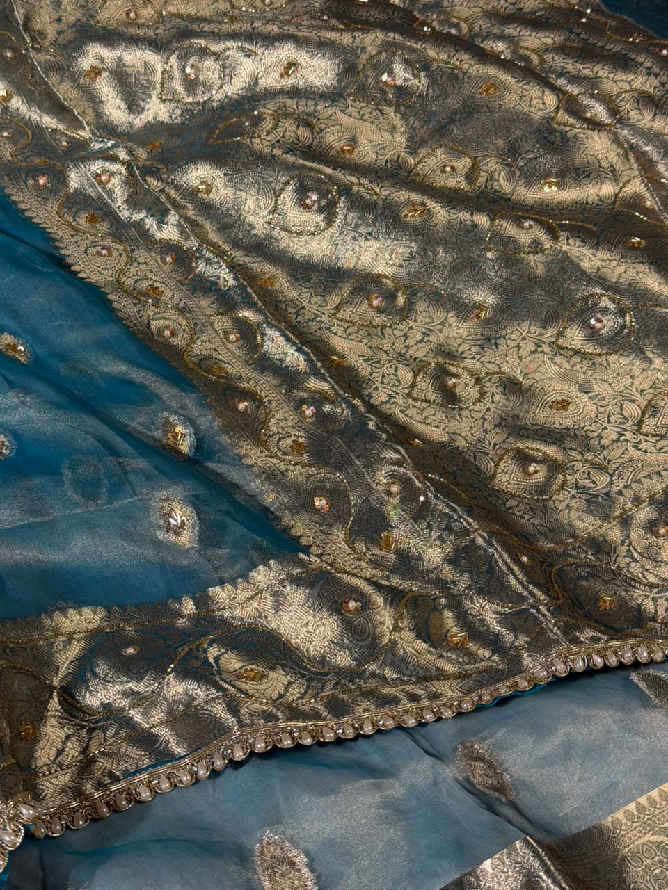 Sea Green Pure Tissue Silk Handwork Saree - Image 2