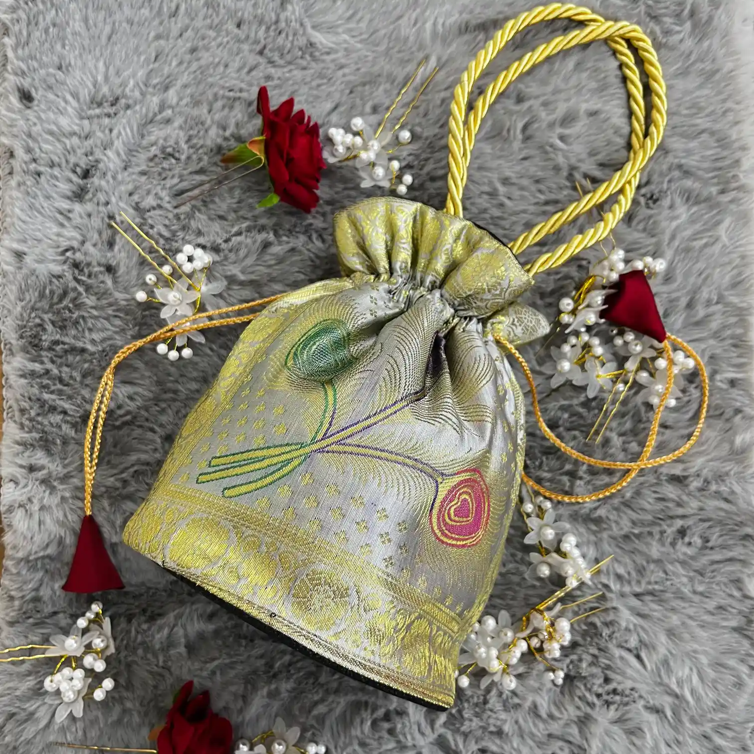Silver Shade Banarasi Potli Bags - Image 2