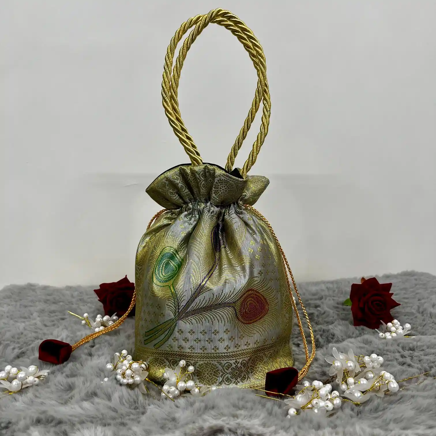 Silver Shade Banarasi Potli Bags - Image 3
