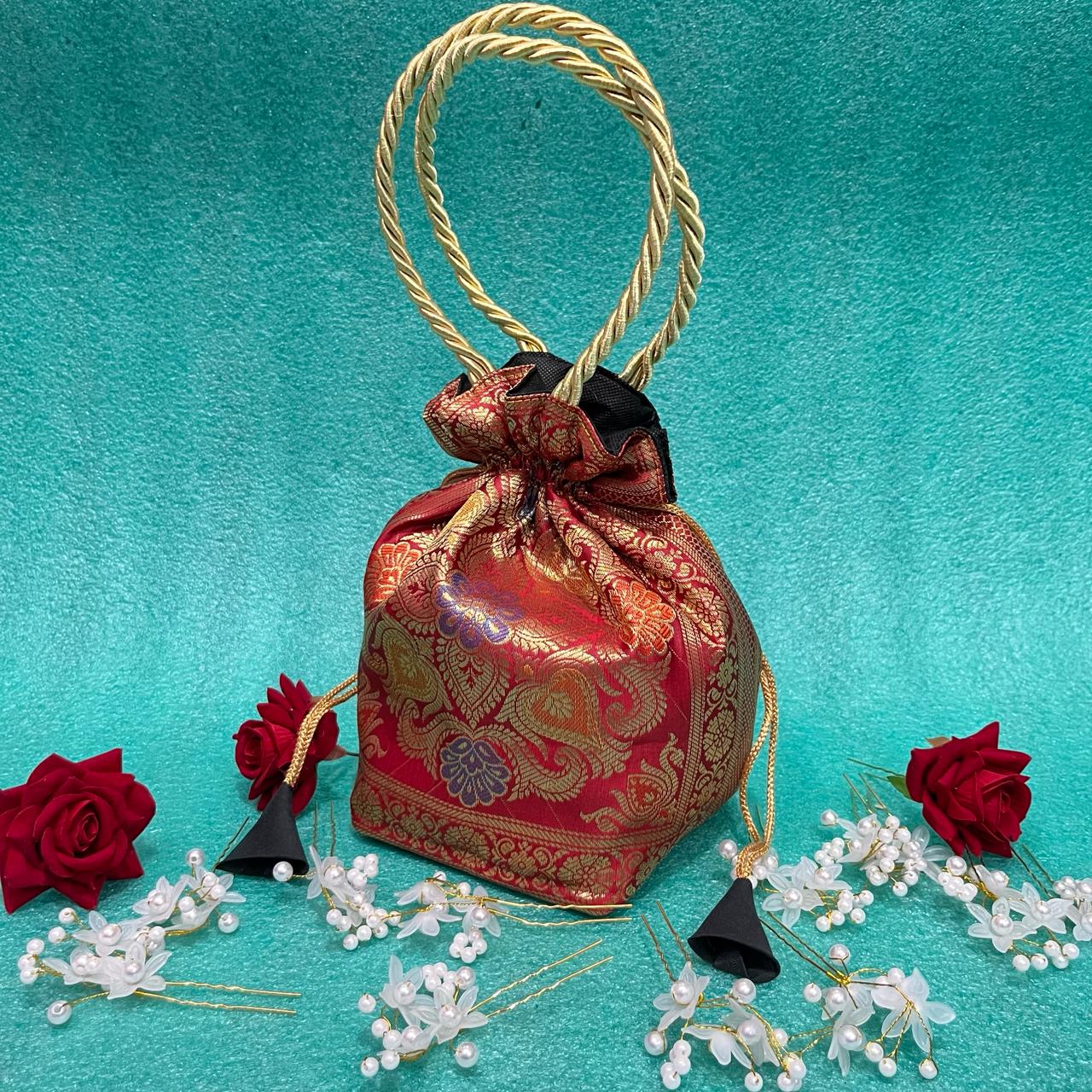Stunning Red Colour Banarasi Potli Bags - Image 3