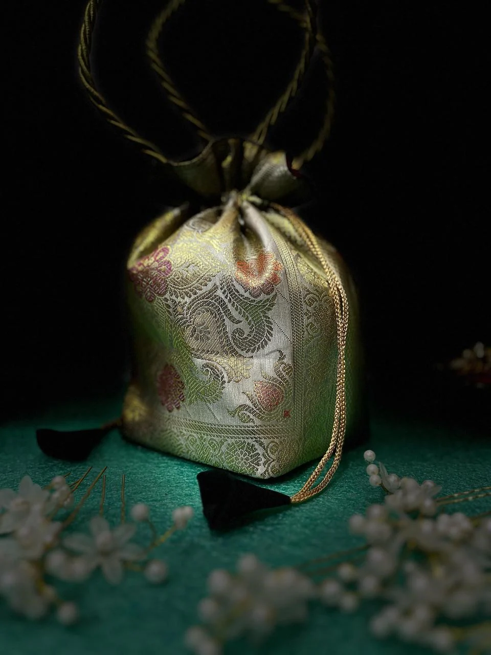 Stunning White Colour Banarasi Potli Bags - Image 3