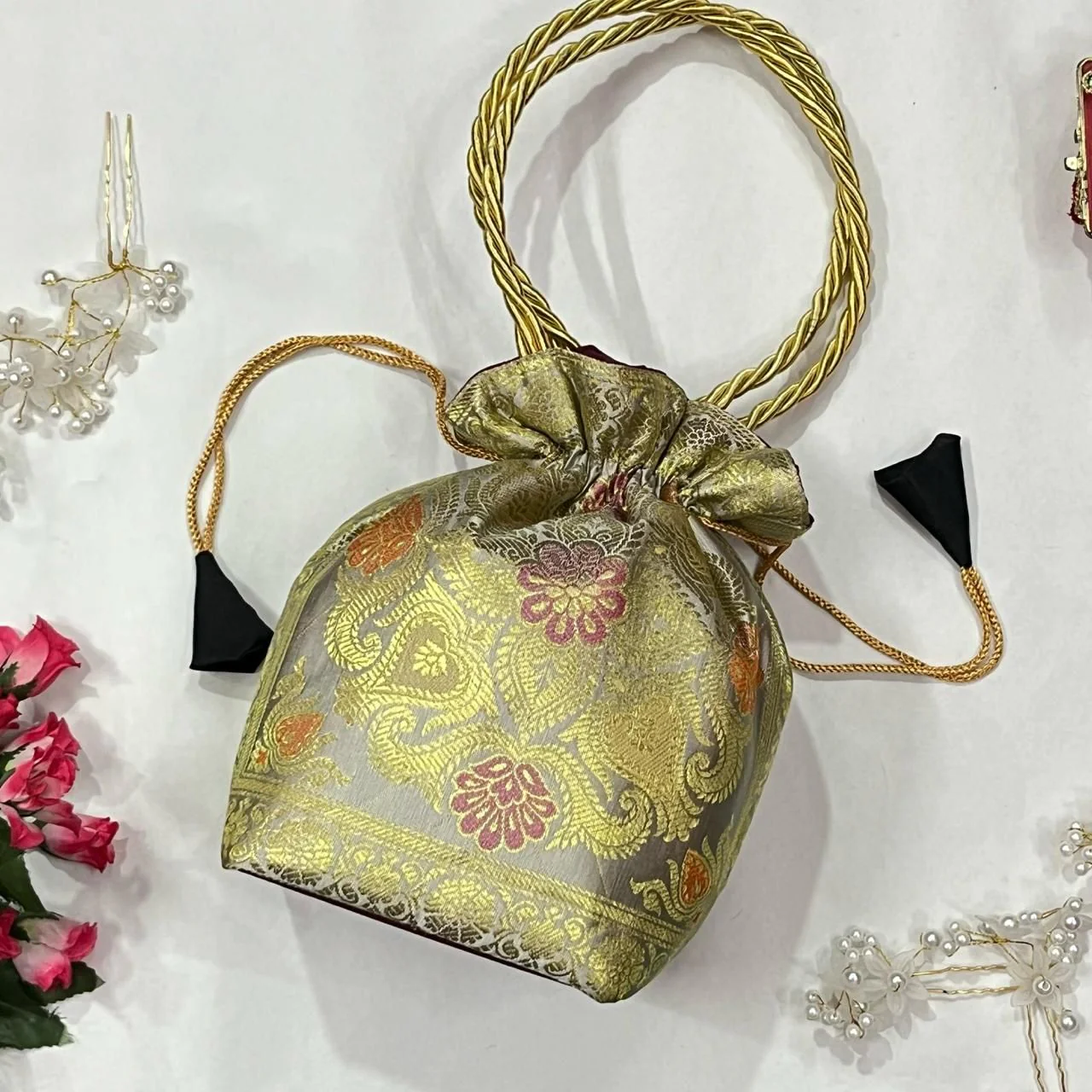 Stunning White Colour Banarasi Potli Bags - Image 4