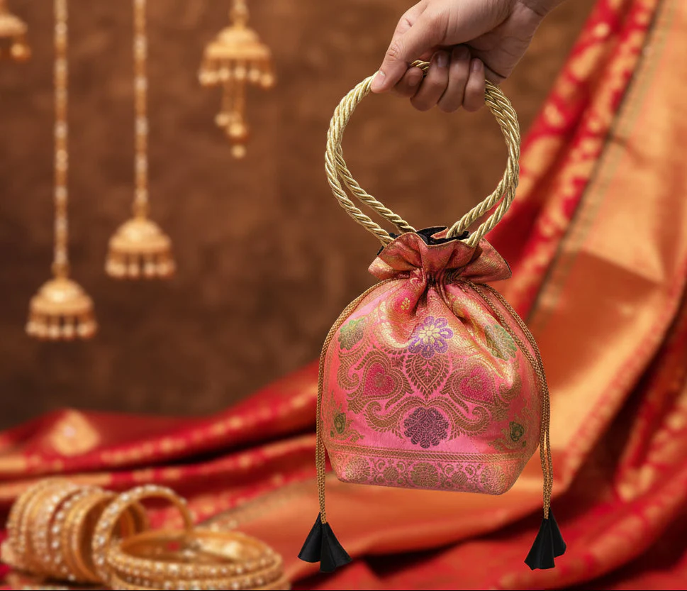 Stunning Baby Pink Colour Banarasi Potli Bags