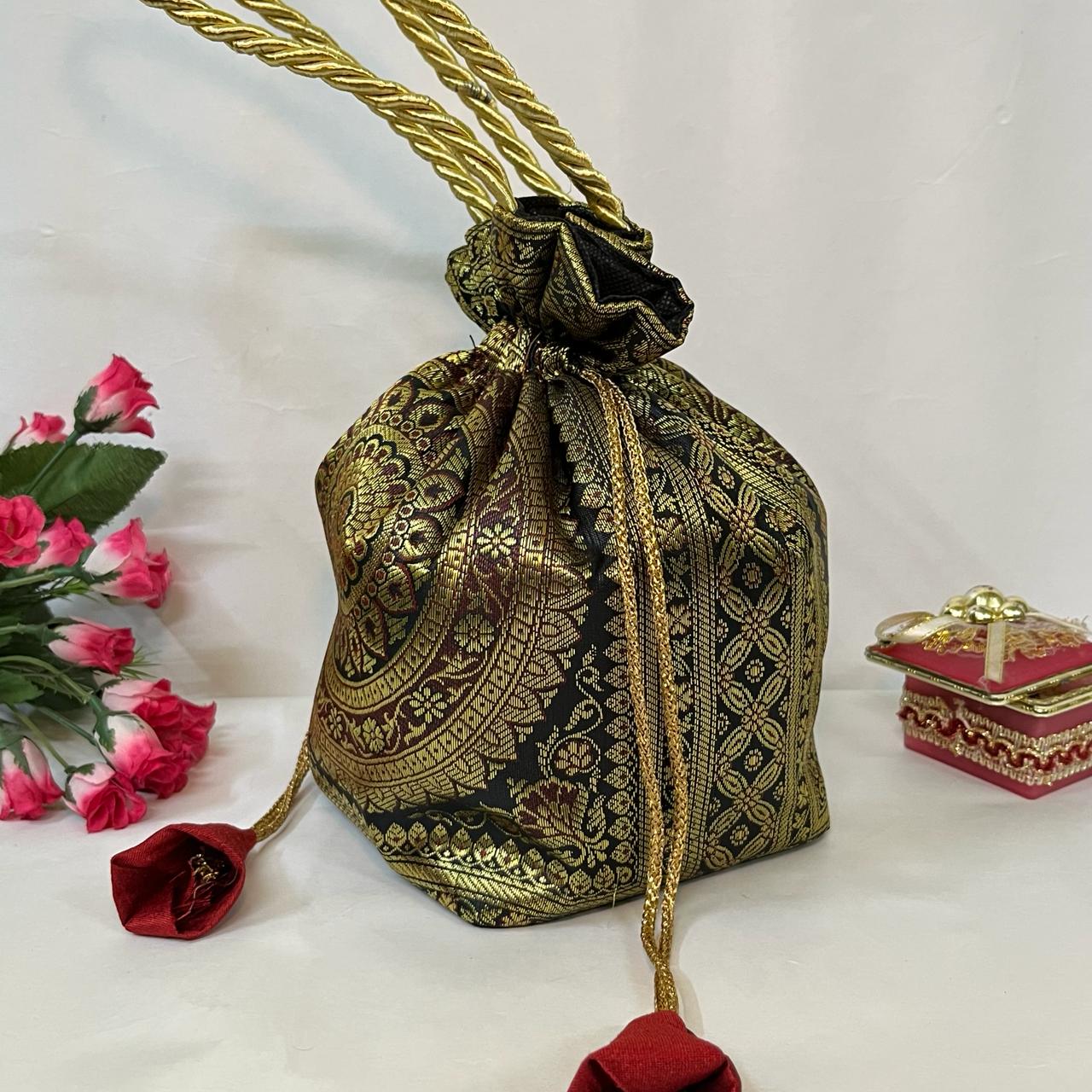 Stunning Black Colour Banarasi Potli Bags - Image 3