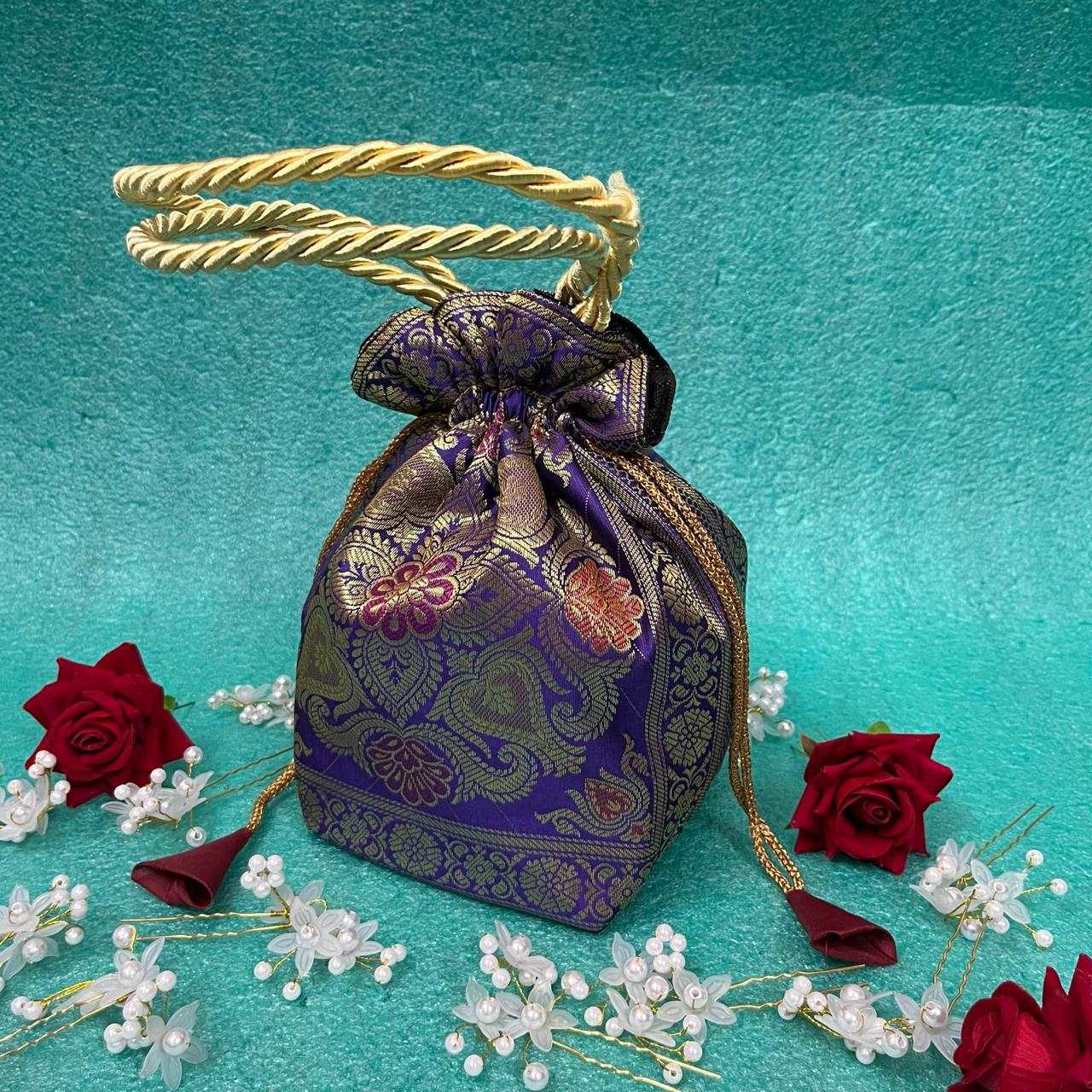 Stunning Magenta Colour Banarasi Potli Bags - Image 3