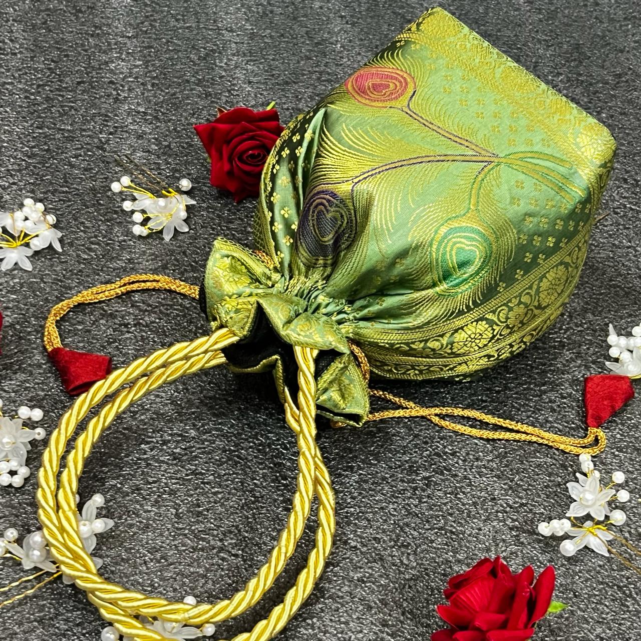 Stunning Pista Colour Banarasi Potli Bags - Image 4