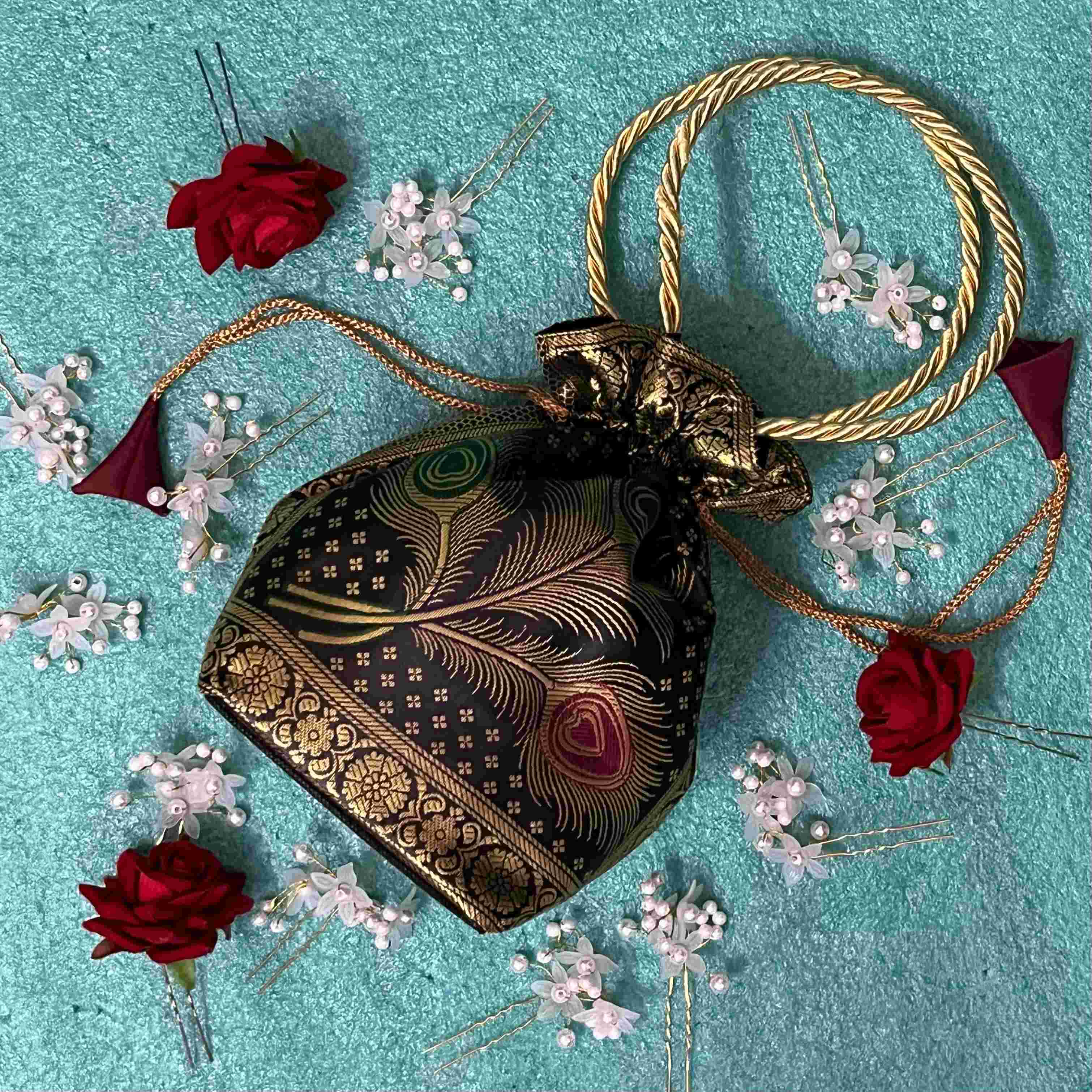 Stunning Black Colour Banarasi Potli Bags - Image 4