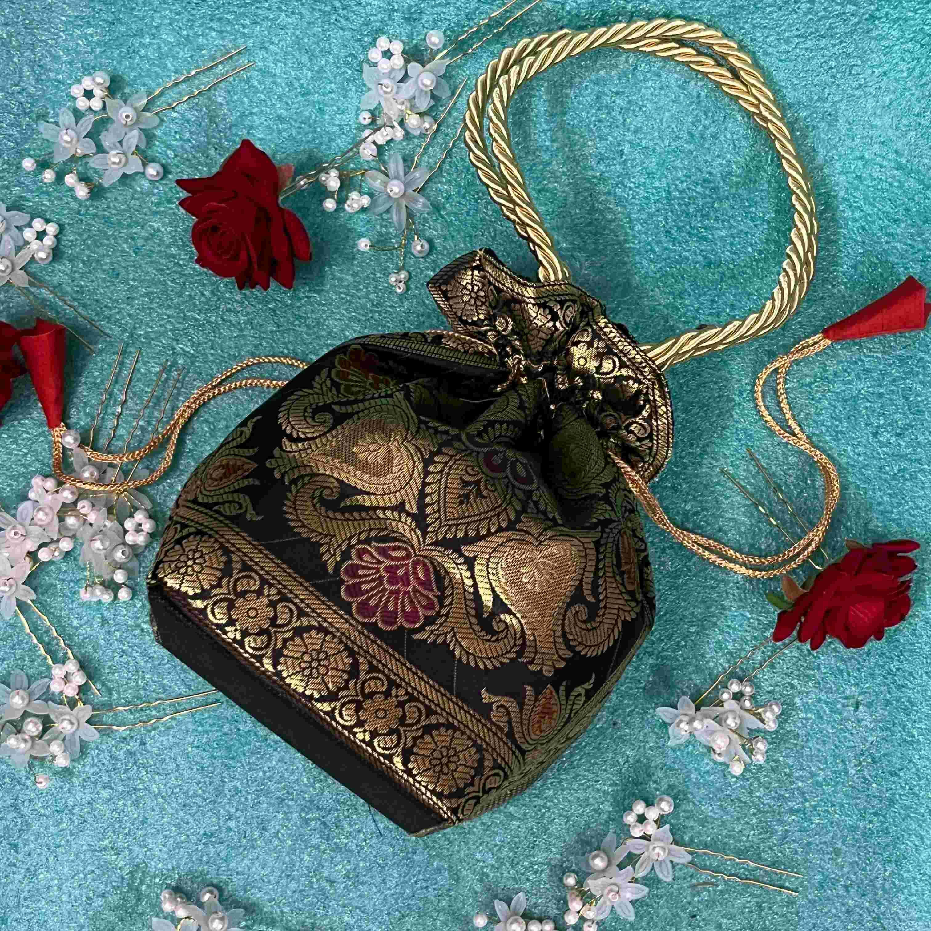 Stunning Black Colour Banarasi Potli Bags - Image 2