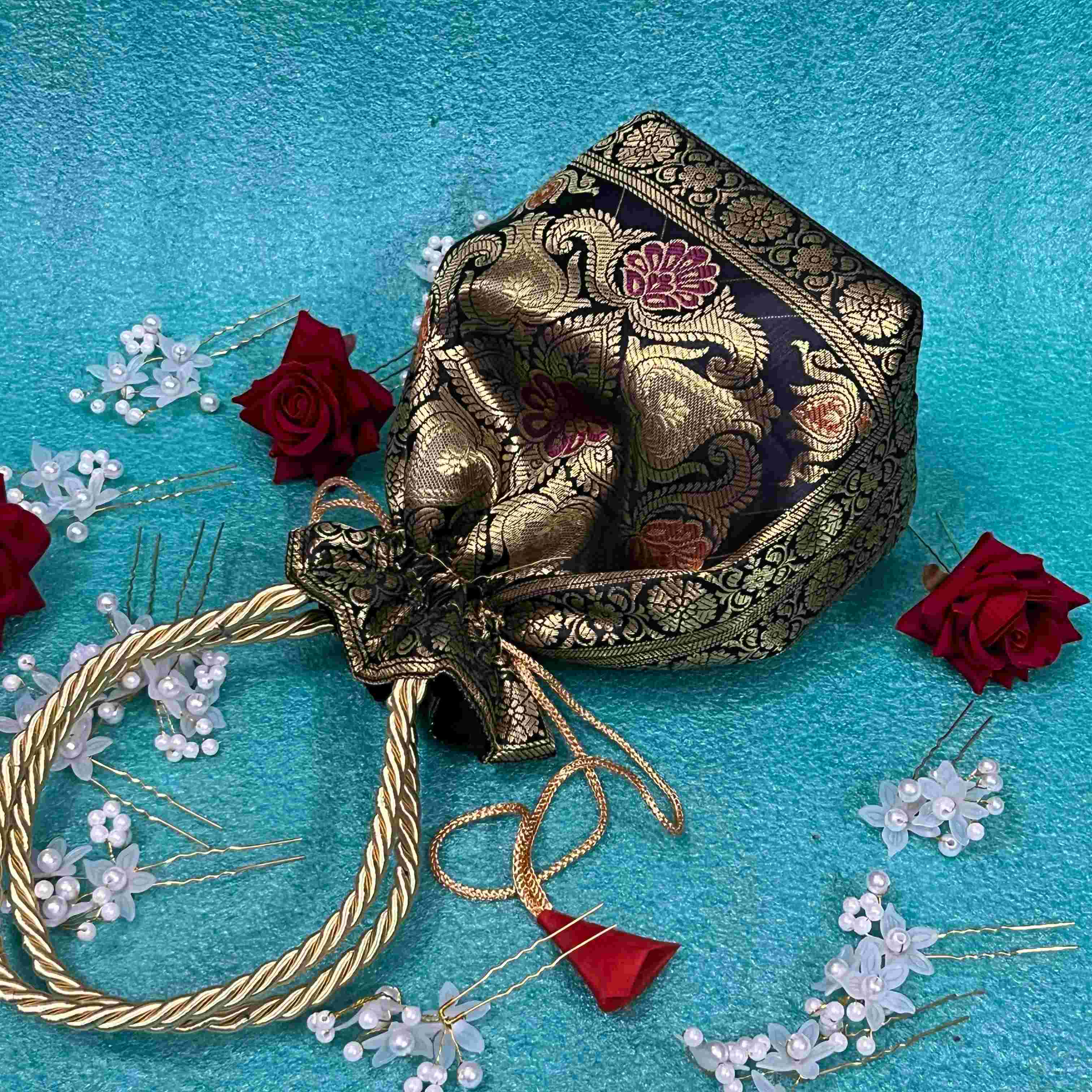 Stunning Black Colour Banarasi Potli Bags - Image 3