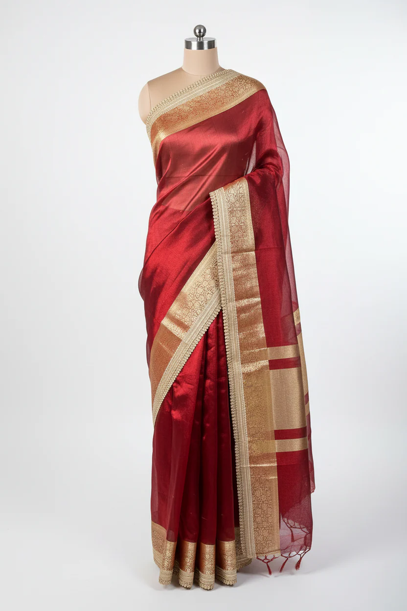 Subtle Carmine Red Tissue Silk Moti Lace Designer Banarasi Saree - Image 2
