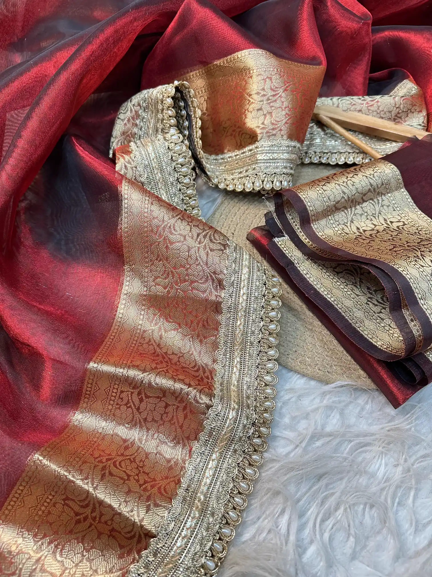Subtle Carmine Red Tissue Silk Moti Lace Designer Banarasi Saree - Image 3