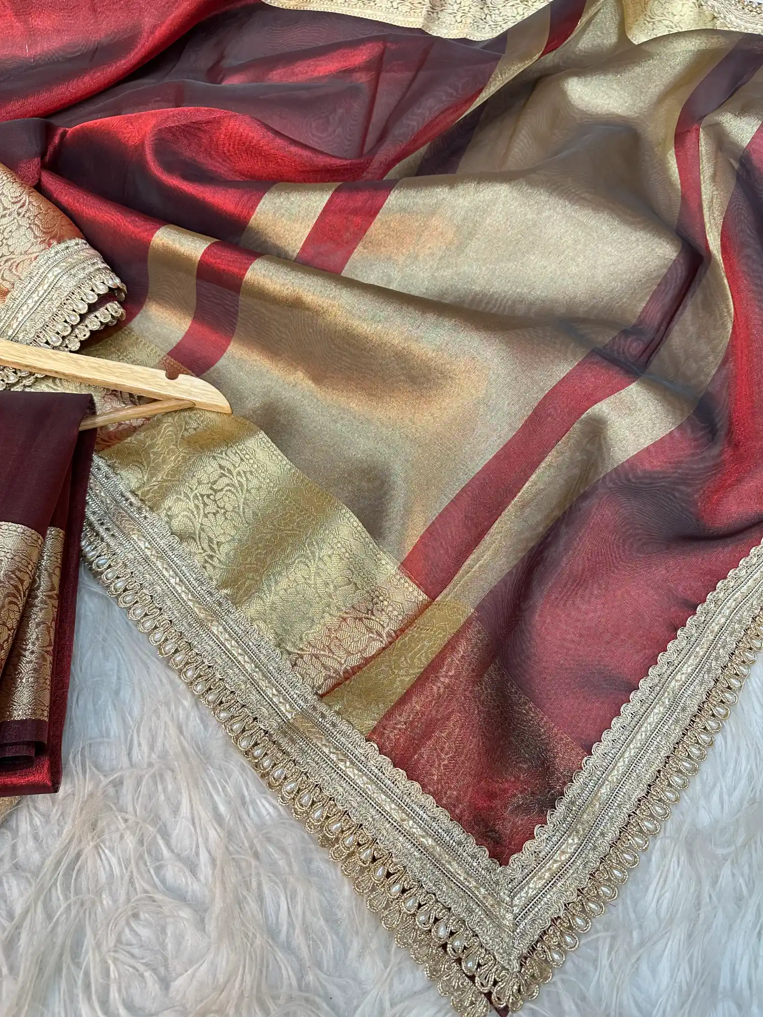 Subtle Carmine Red Tissue Silk Moti Lace Designer Banarasi Saree - Image 4