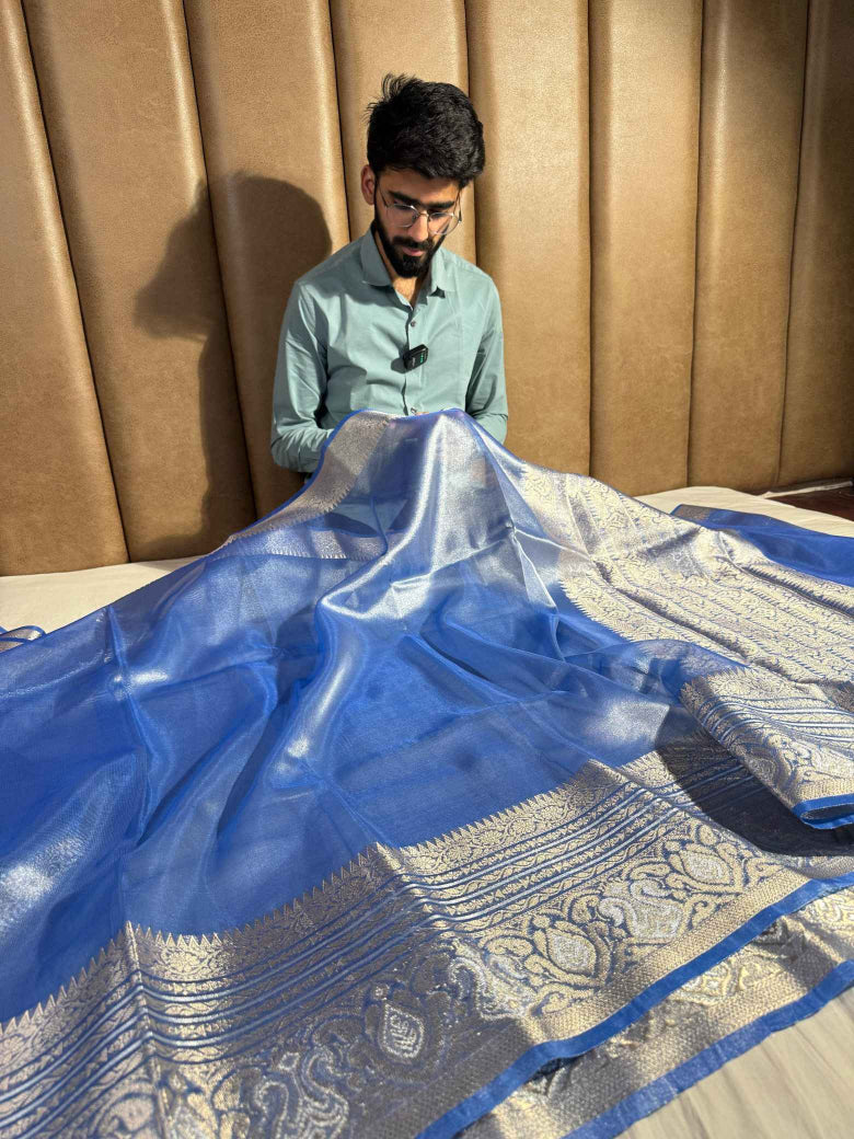 Subtle Metallic Blue Glass Tissue Silk Banarasi Saree - Image 3