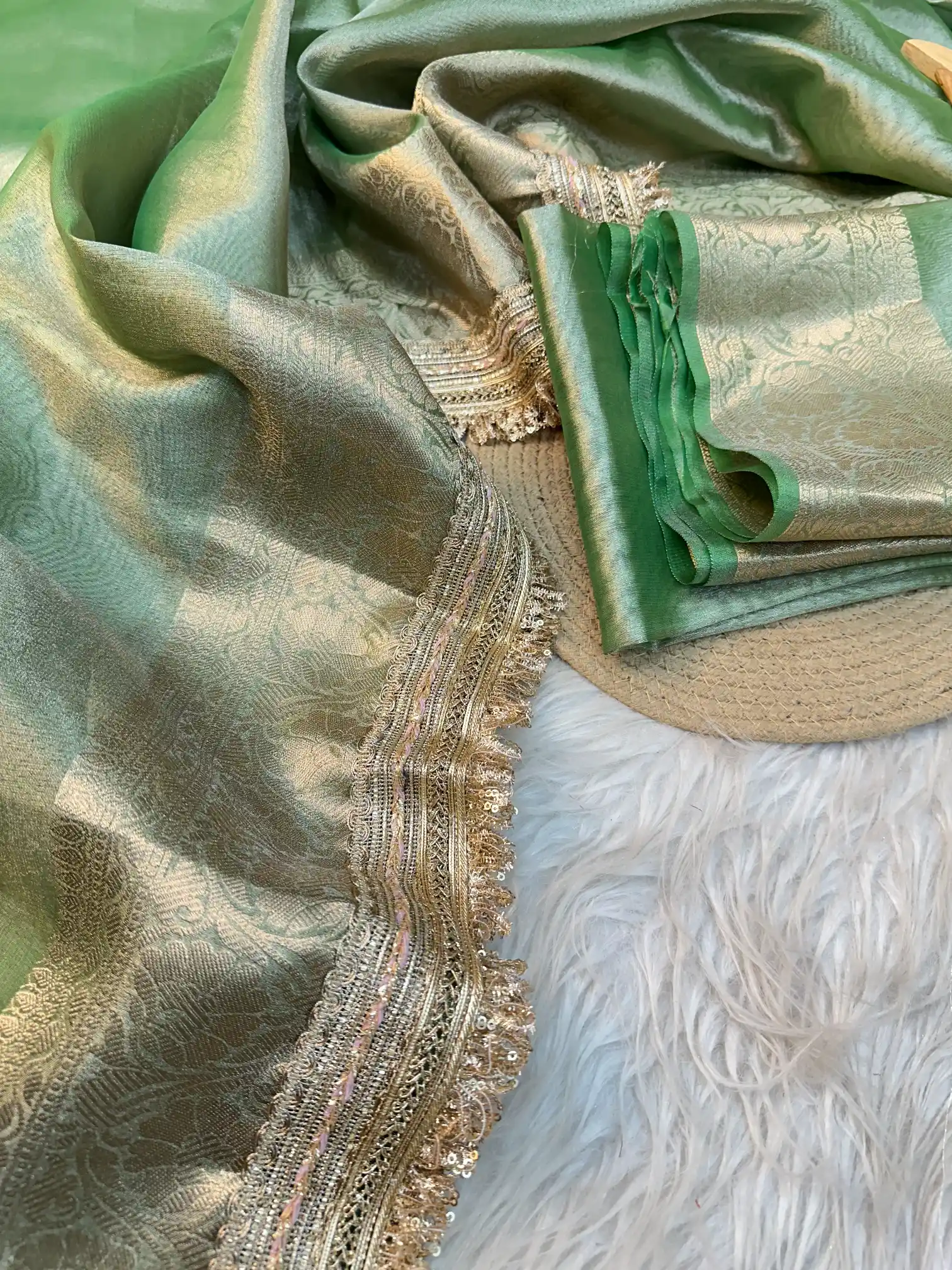 Subtle Metallic Green Tissue Silk Lace Work Designer Banarasi Saree - Image 2