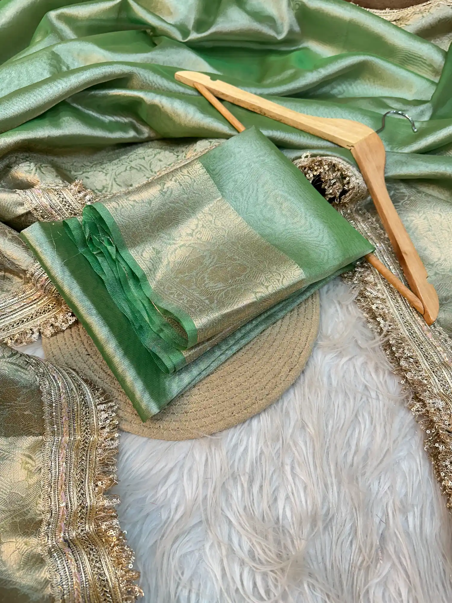 Subtle Metallic Green Tissue Silk Lace Work Designer Banarasi Saree - Image 4