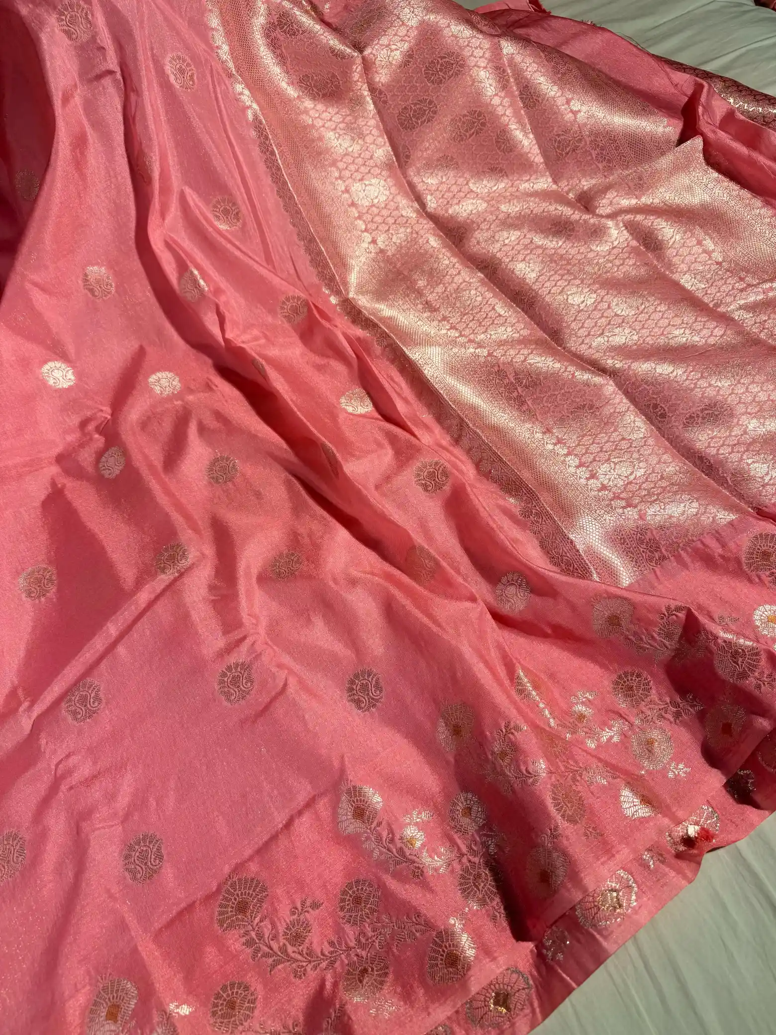 Subtle Peach Viscose Tissue Silk Banarasi Saree - Image 2