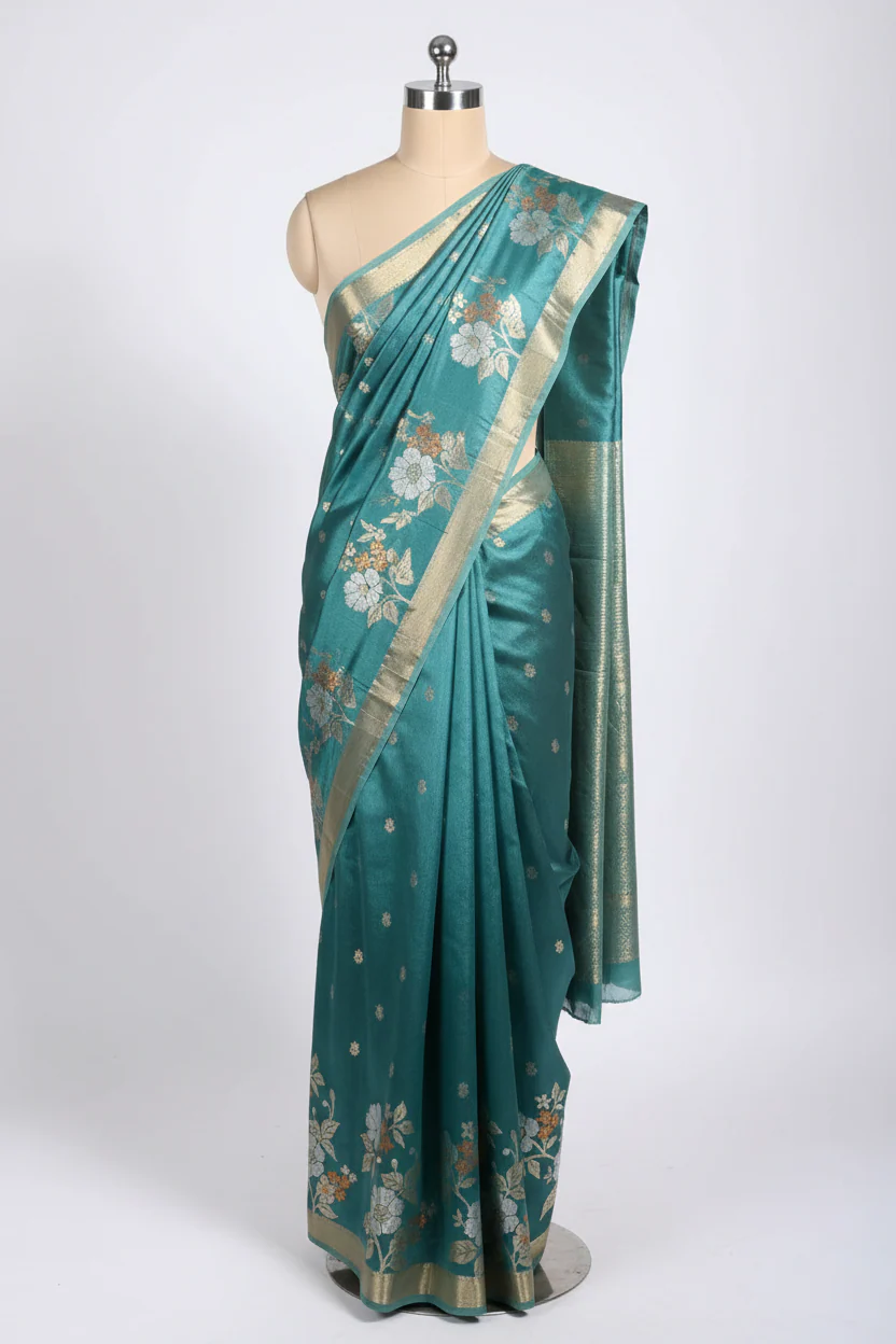 Turquiose Green Raw Dupion Silk Contemperory Banarasi Saree - Image 2