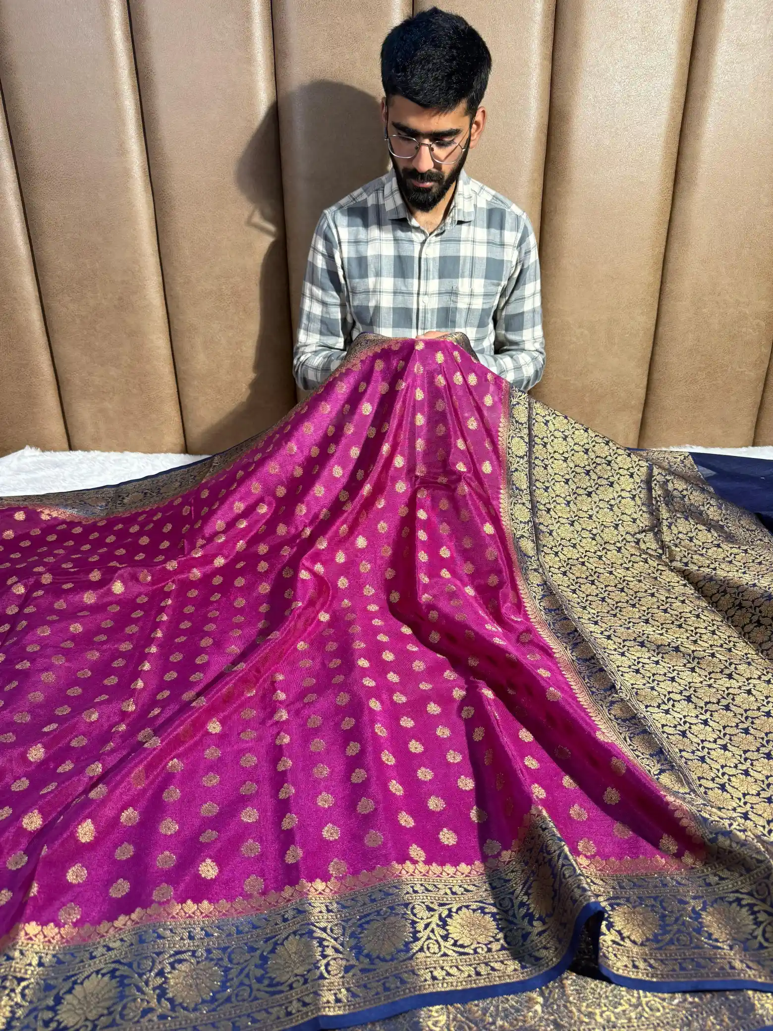 Violet Georgette Banarasi Saree with Contrast Traditional Pallu and Blouse