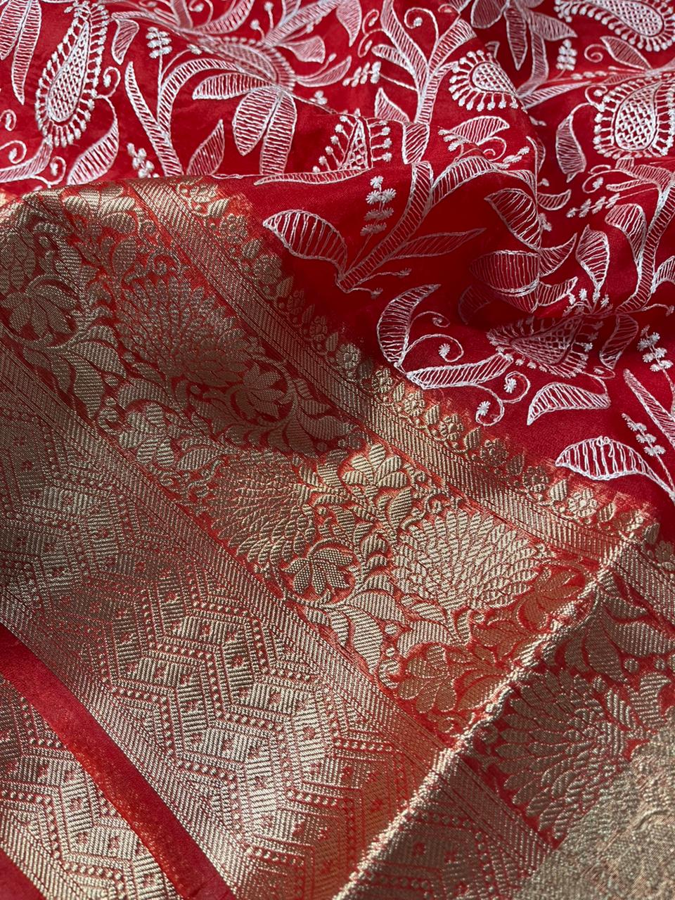 Bridal Red Organza Silk Chikankari Work Banarasi Saree - Image 2