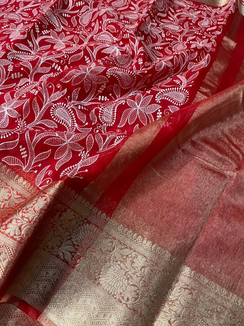 Bridal Red Organza Silk Chikankari Work Banarasi Saree - Image 3