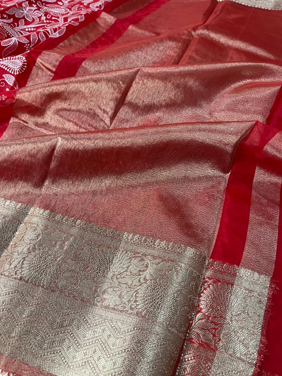Bridal Red Organza Silk Chikankari Work Banarasi Saree - Image 4