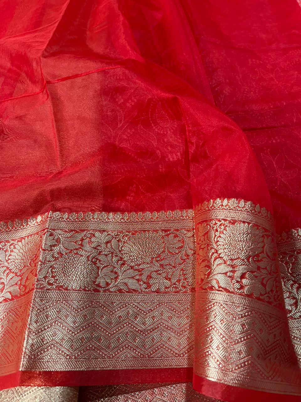 Bridal Red Organza Silk Chikankari Work Banarasi Saree - Image 5