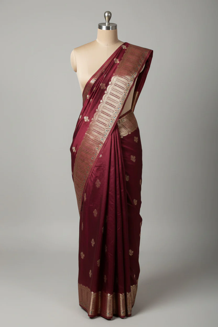 Wine Eccentric Chinia Silk Banarasi Saree - Image 2